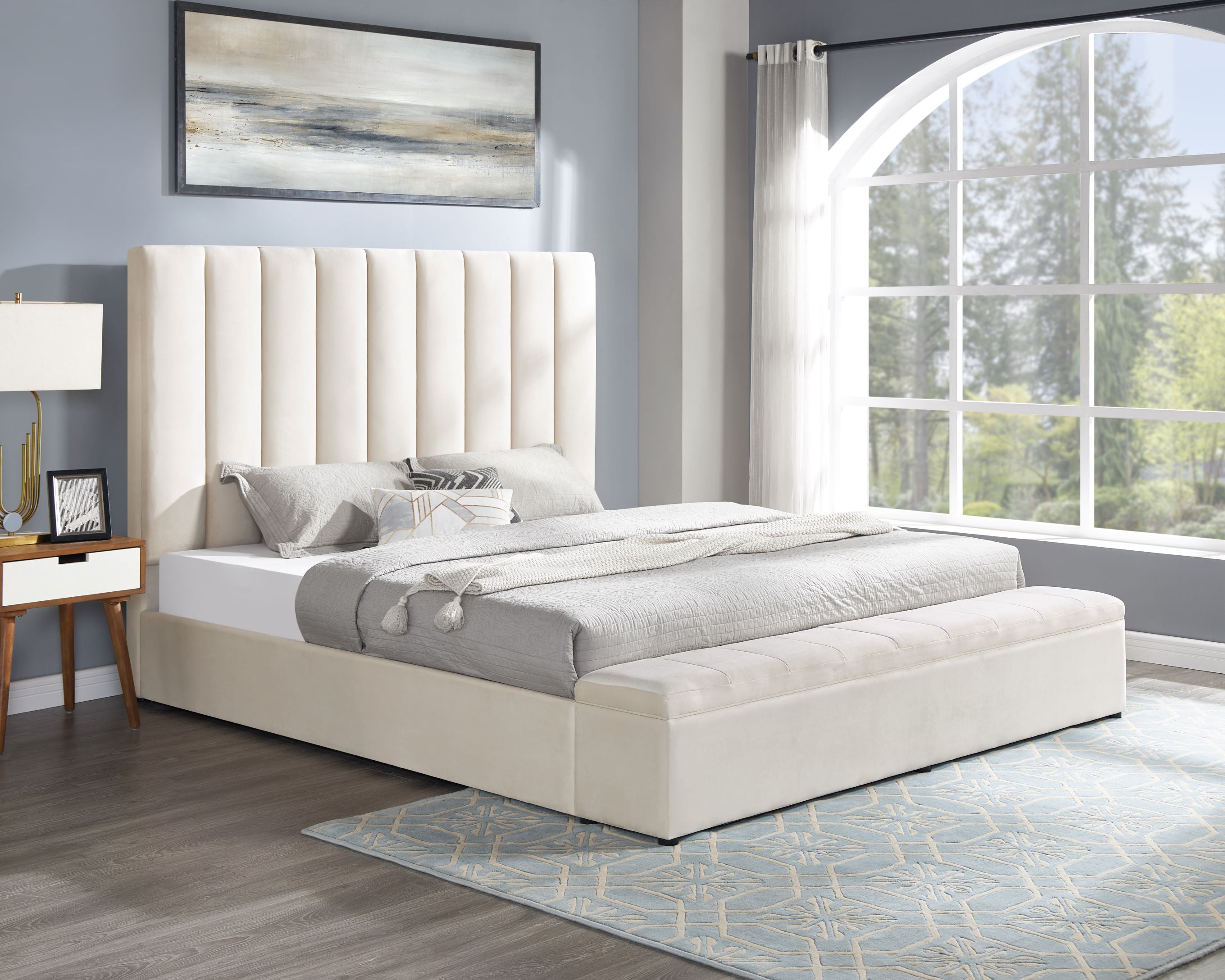 Valencia Beige Velvet Storage Platform Bed