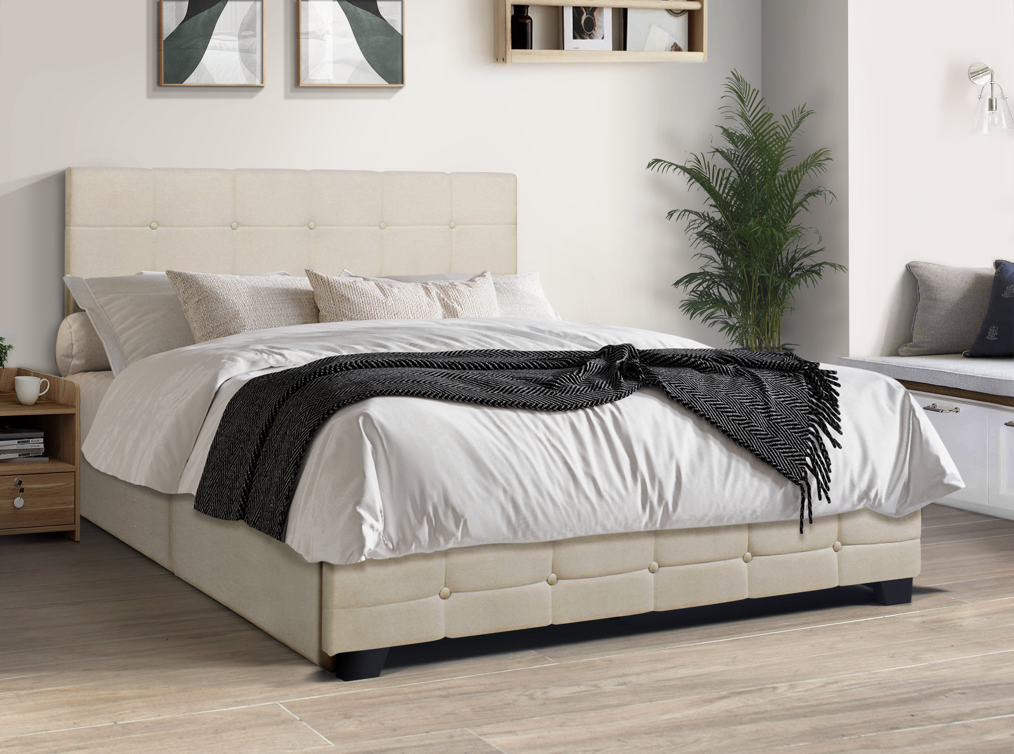 Beige Linen Storage Platform Bed with Side Drawers, view 2