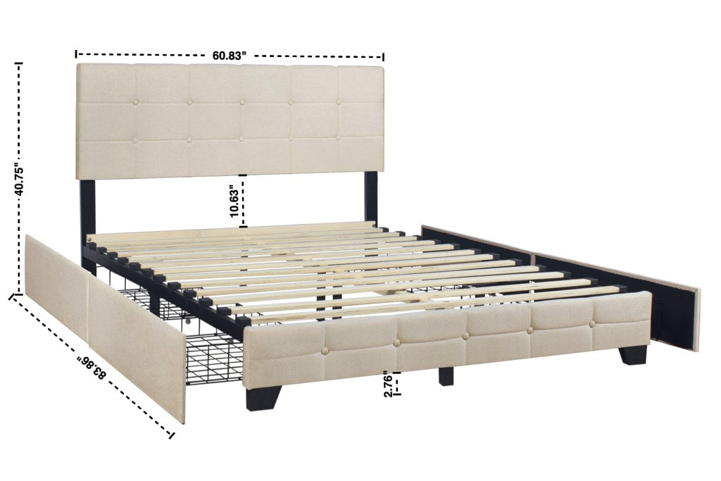 Beige Linen Storage Platform Bed with Side Drawers, view 5