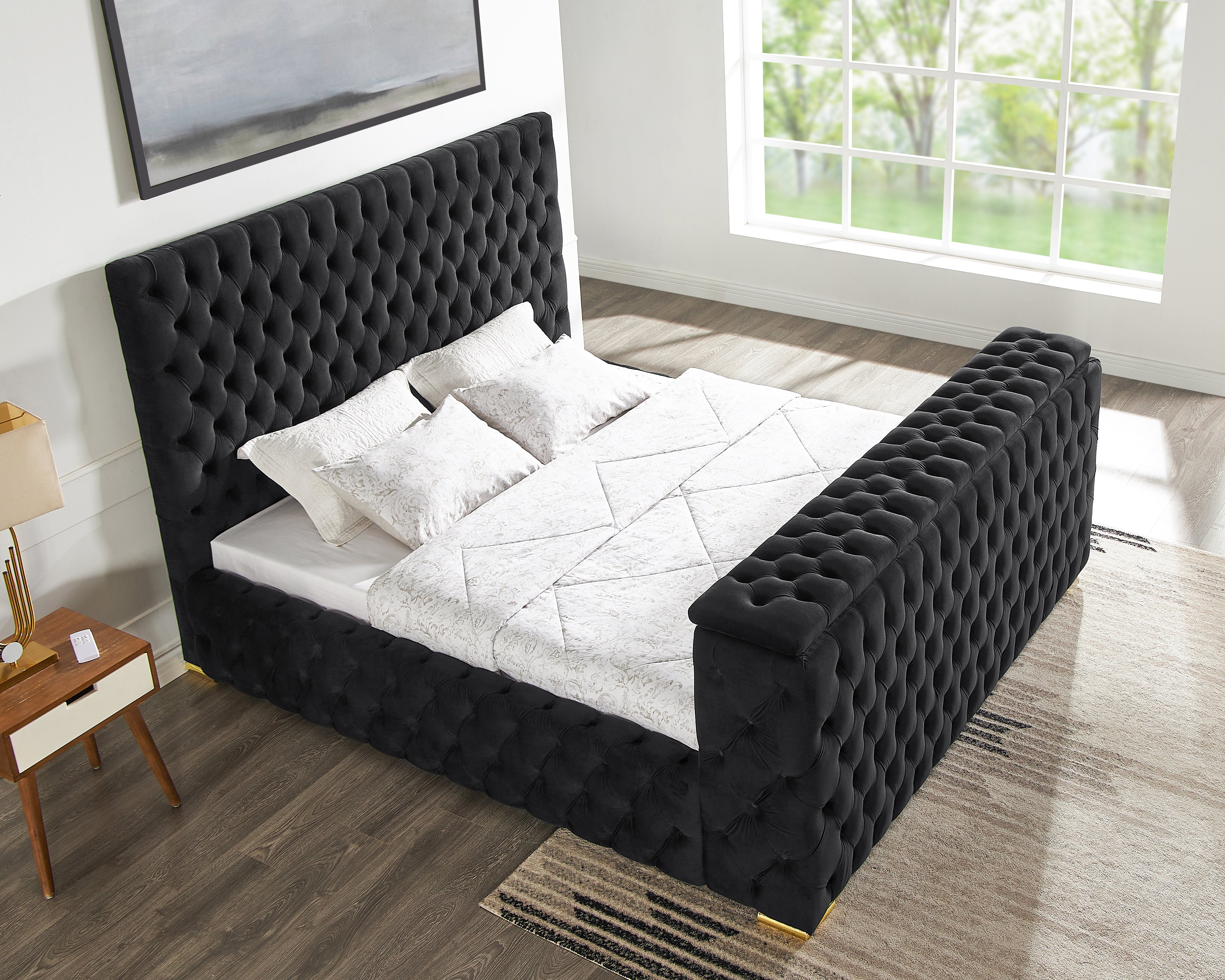 Future Black Velvet Platform Bed with Fireplace and TV Stand, view 4