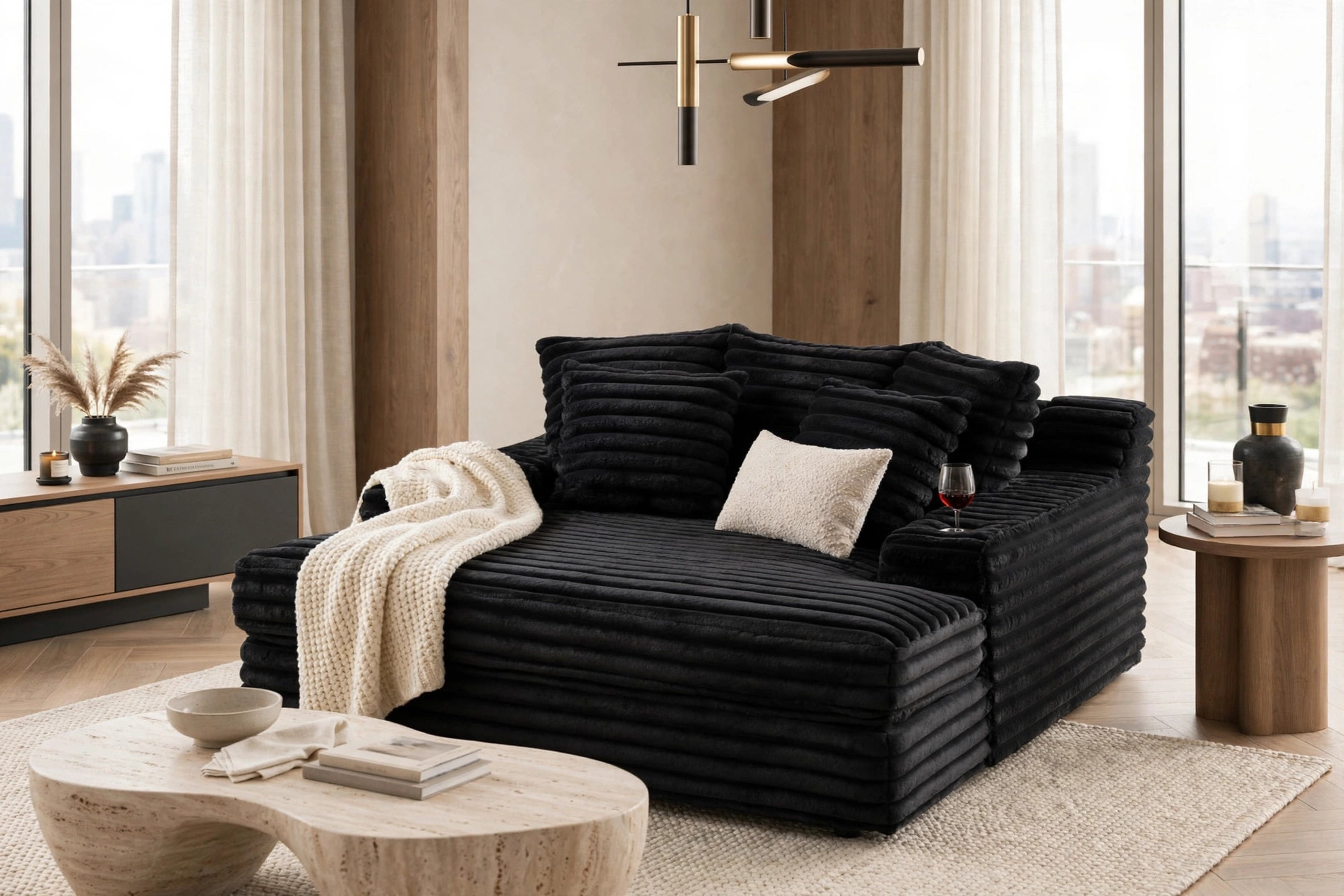 Black Corduroy Large Chaise Lounge with Cupholders