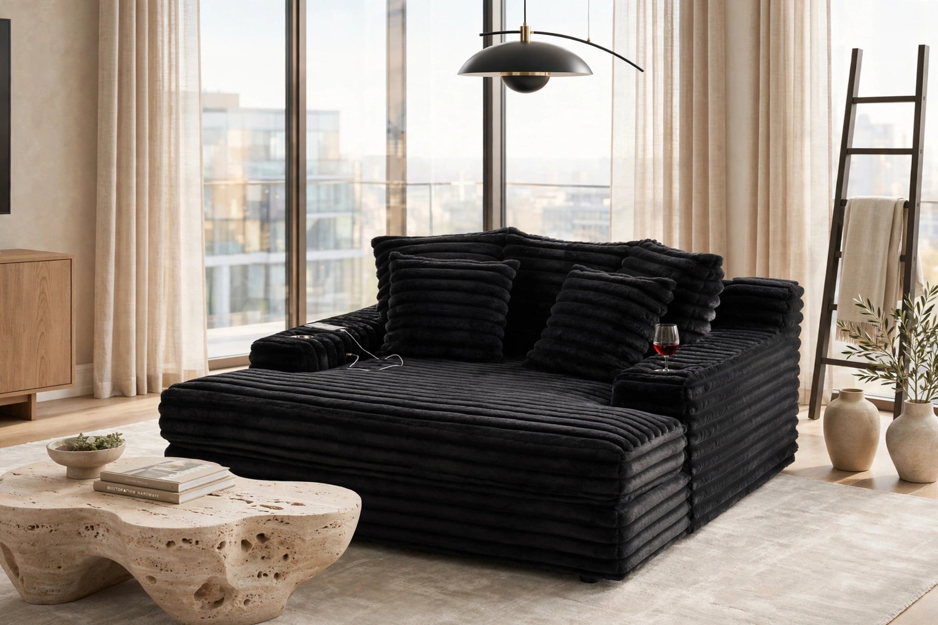 Black Corduroy Large Chaise Lounge with Cupholders, view 2