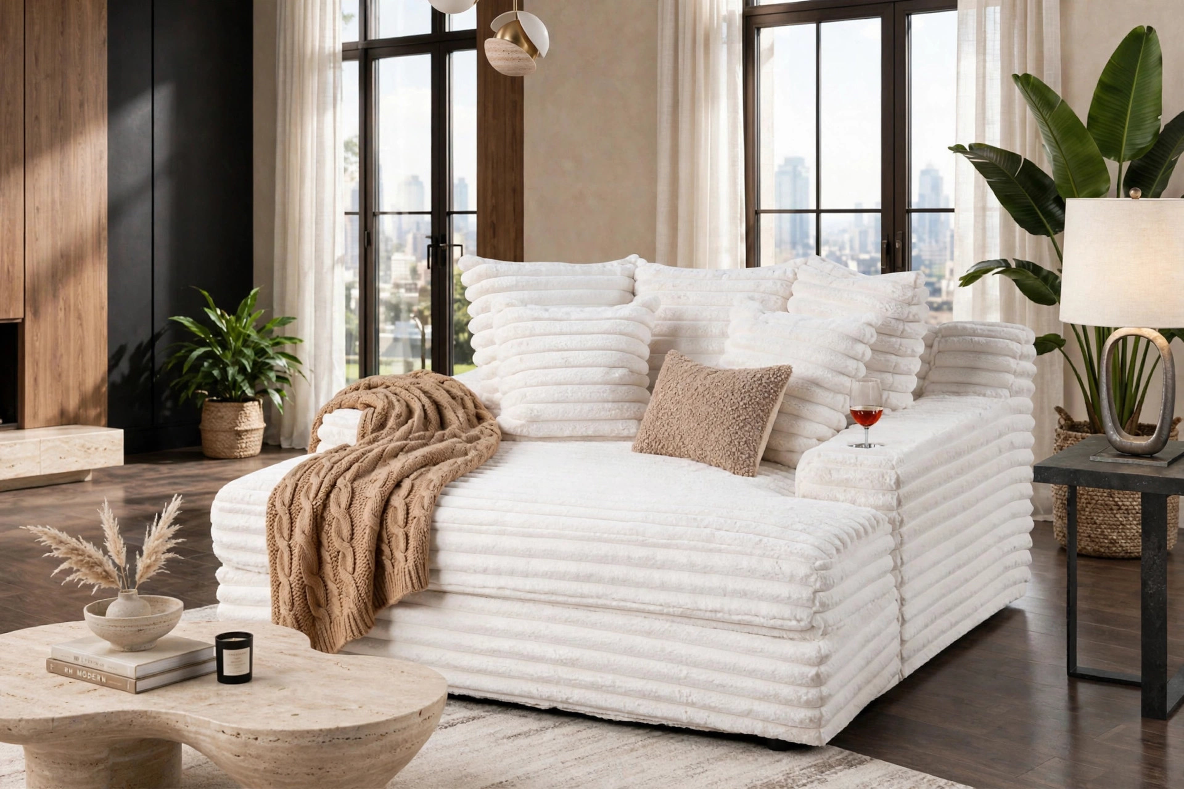 Beige Corduroy Large Chaise Lounge with Cupholders