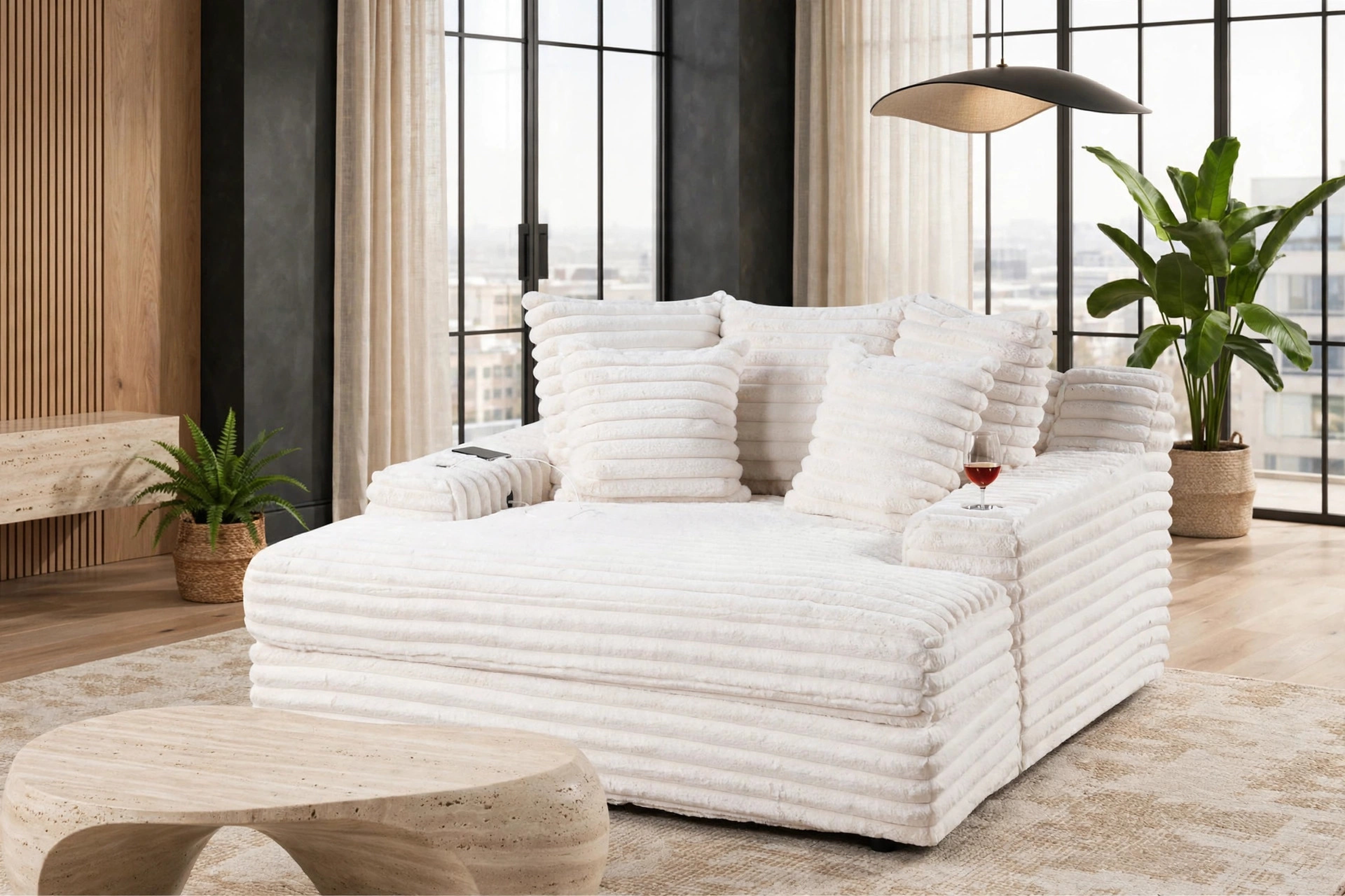 Beige Corduroy Large Chaise Lounge with Cupholders, view 2