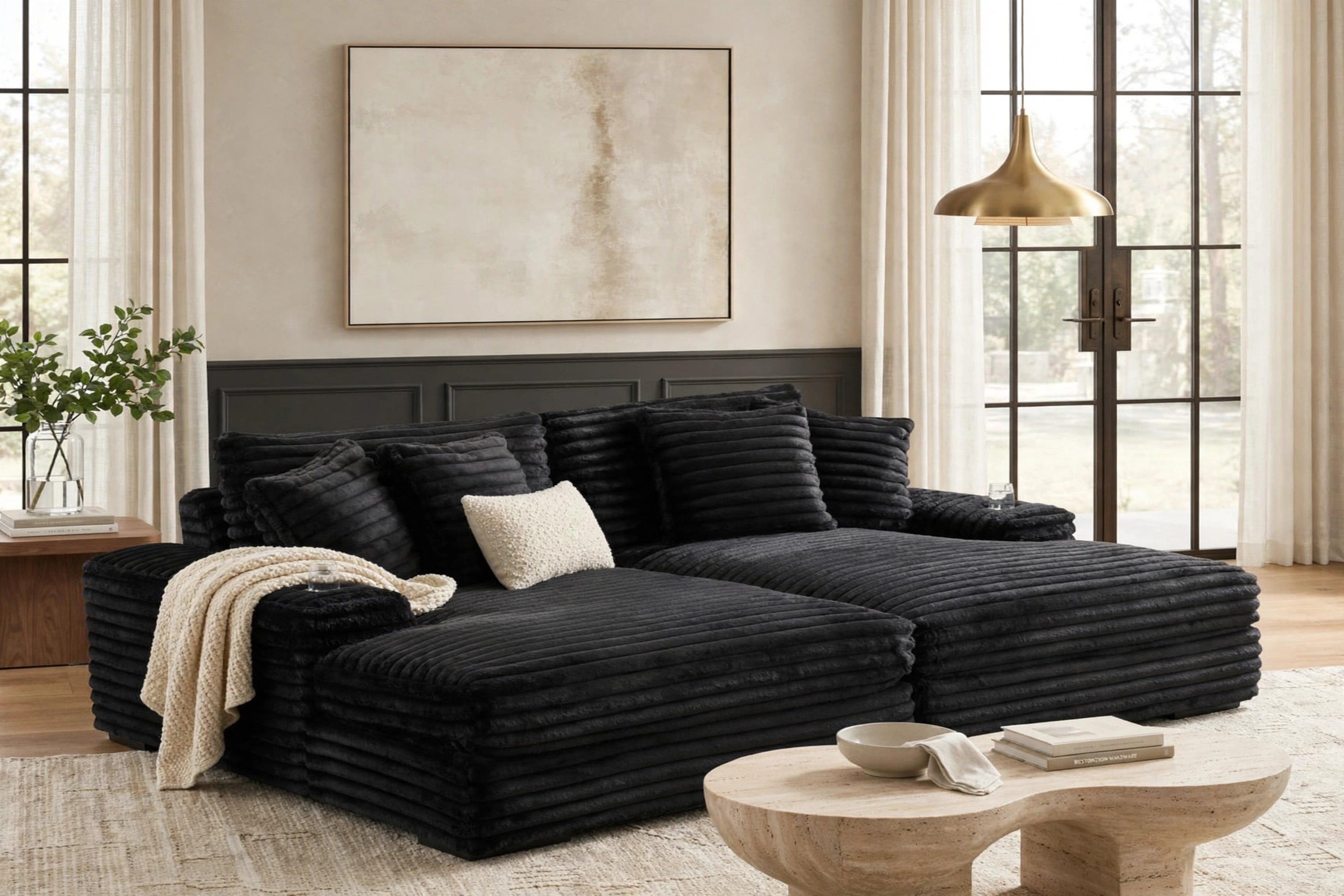 Black Corduroy Oversized Chaise Lounge with Cupholders, view 2