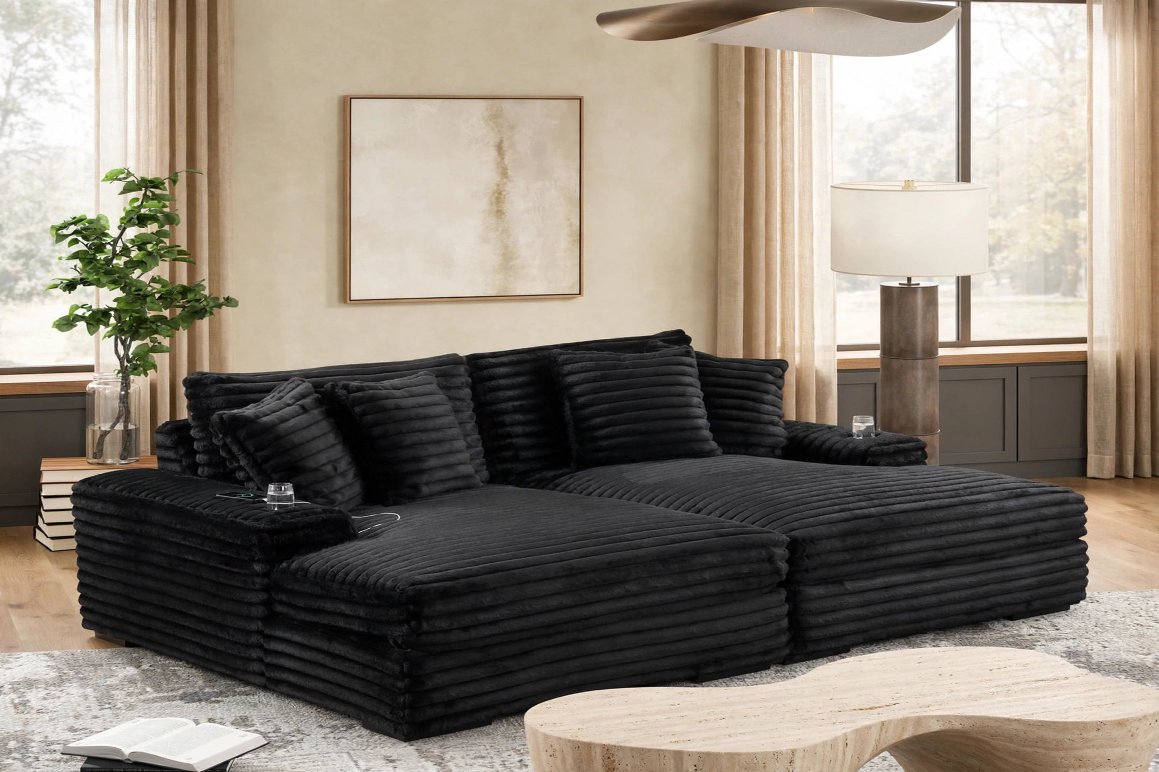 Black Corduroy Oversized Chaise Lounge with Cupholders, view 3