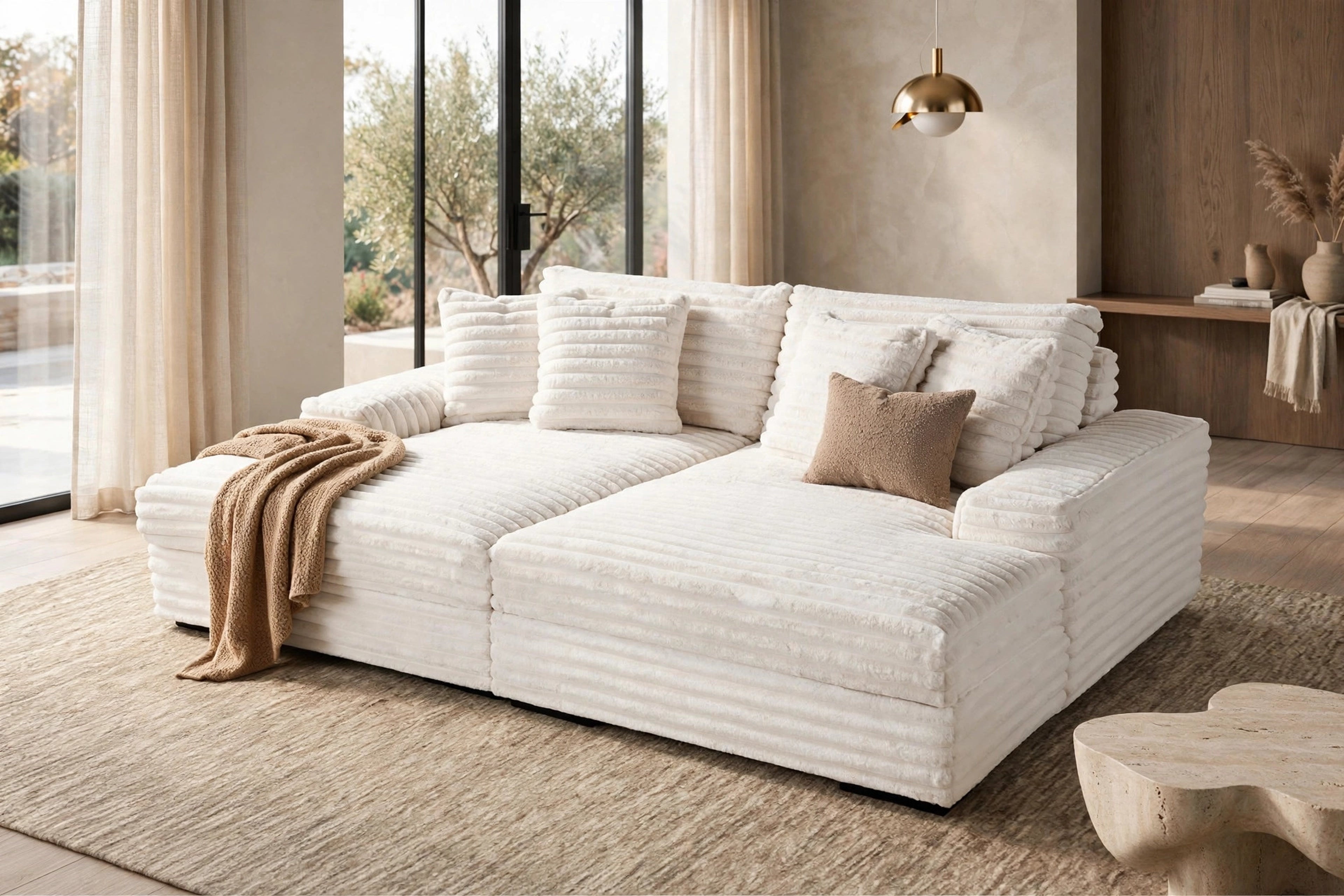 Beige Corduroy Oversized Chaise Lounge
