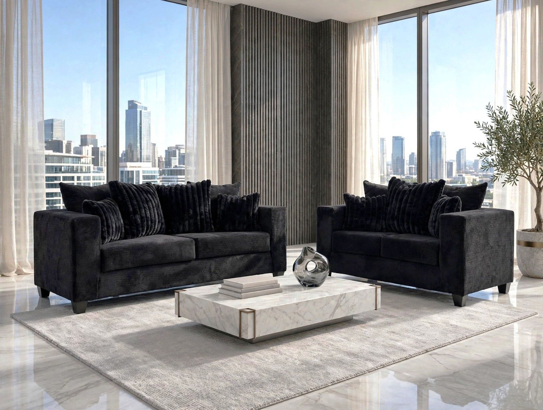 Black Plush Sofa & Loveseat Set
