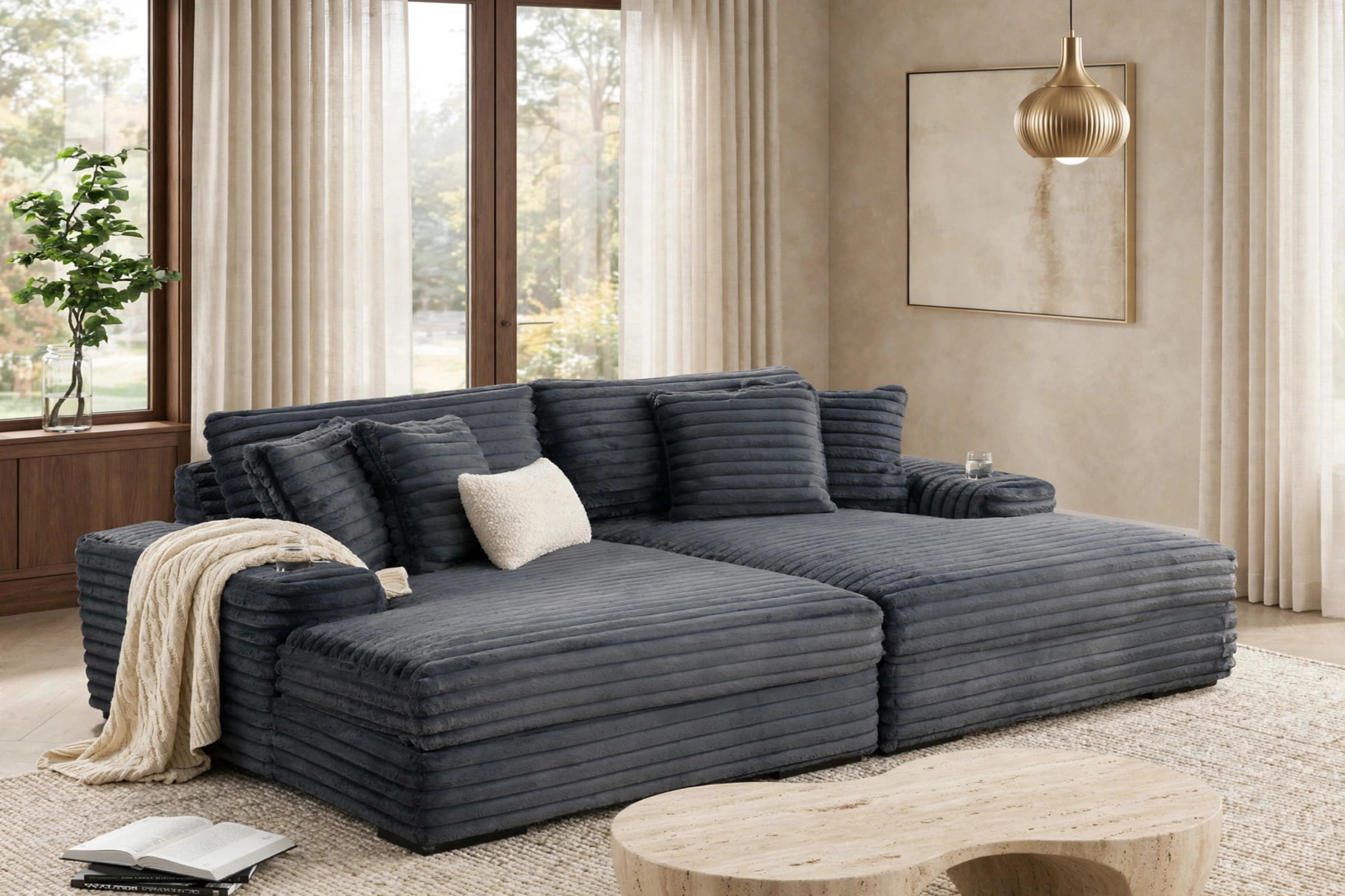 Charcoal Corduroy Oversized Chaise Lounge with Cupholders, view 2