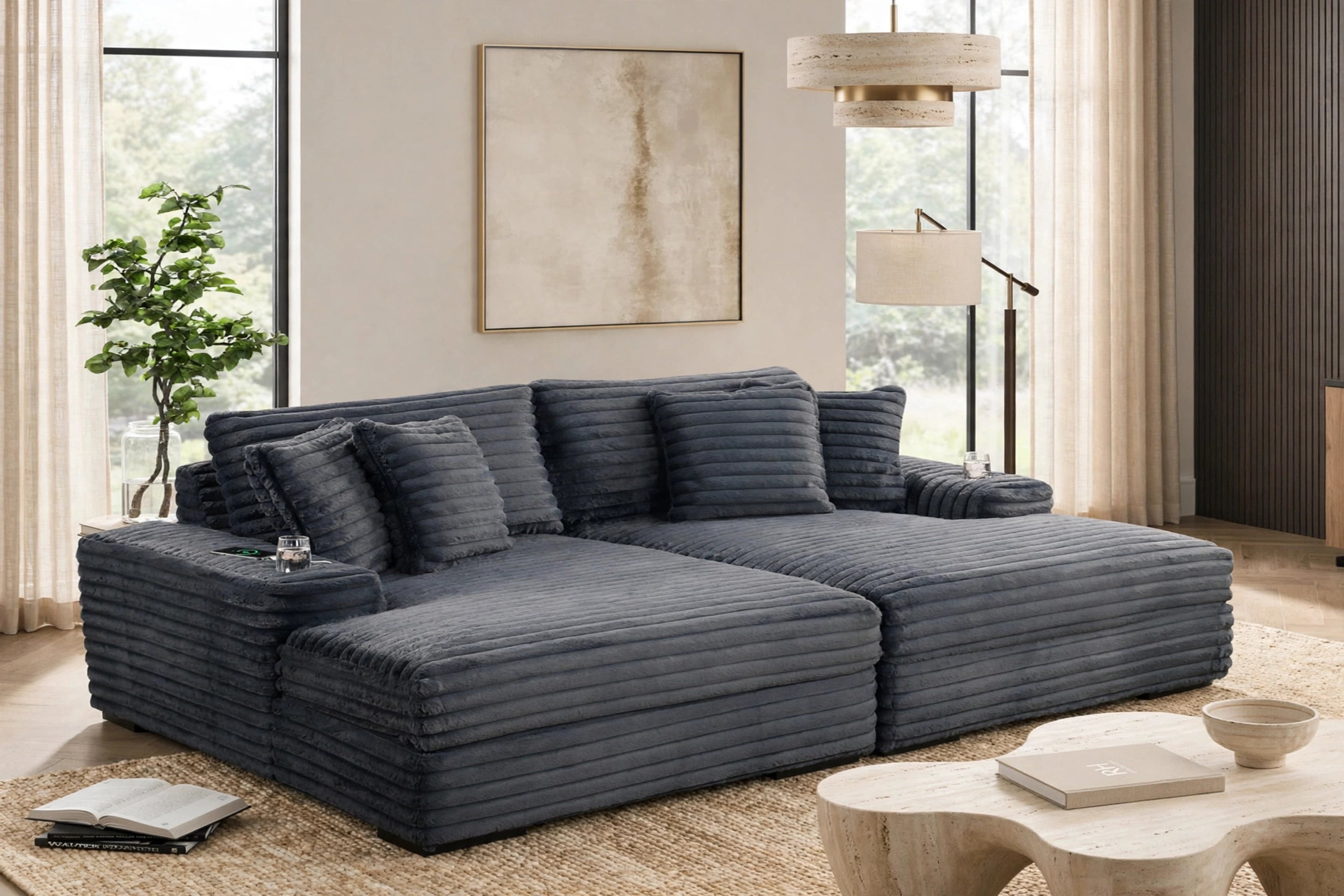 Charcoal Corduroy Oversized Chaise Lounge with Cupholders, view 3