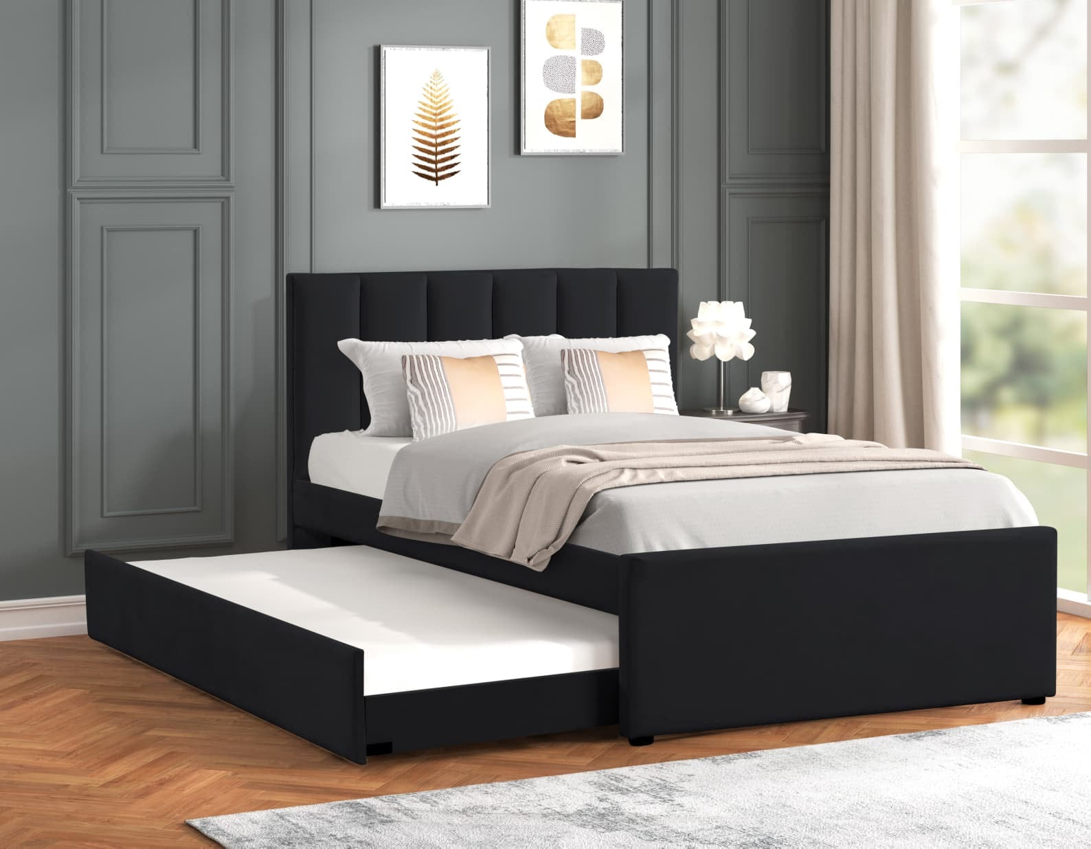 Maya Black Velvet Twin Platform Bed with Trundle, view 3