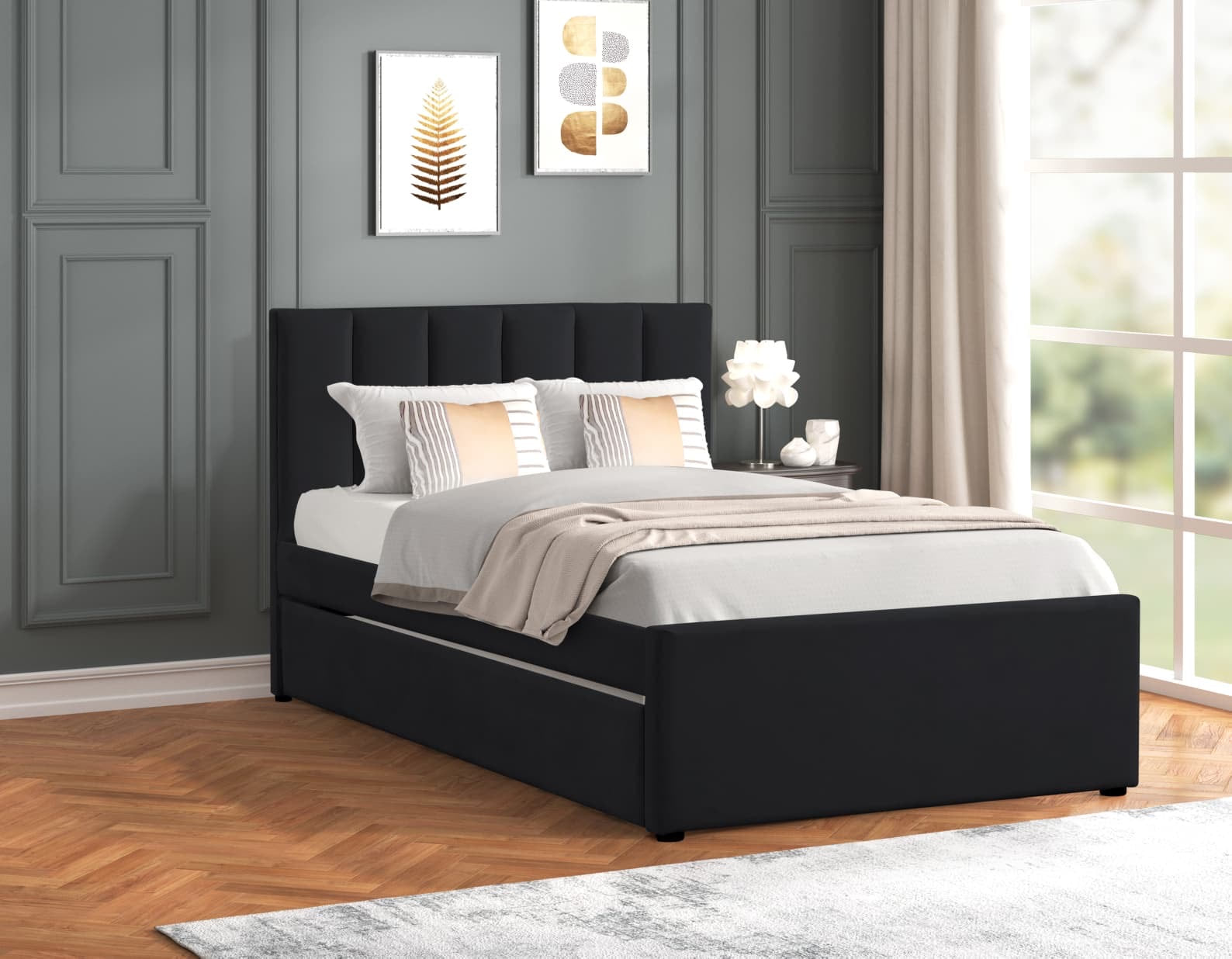Maya Black Velvet Twin Platform Bed with Trundle, view 4