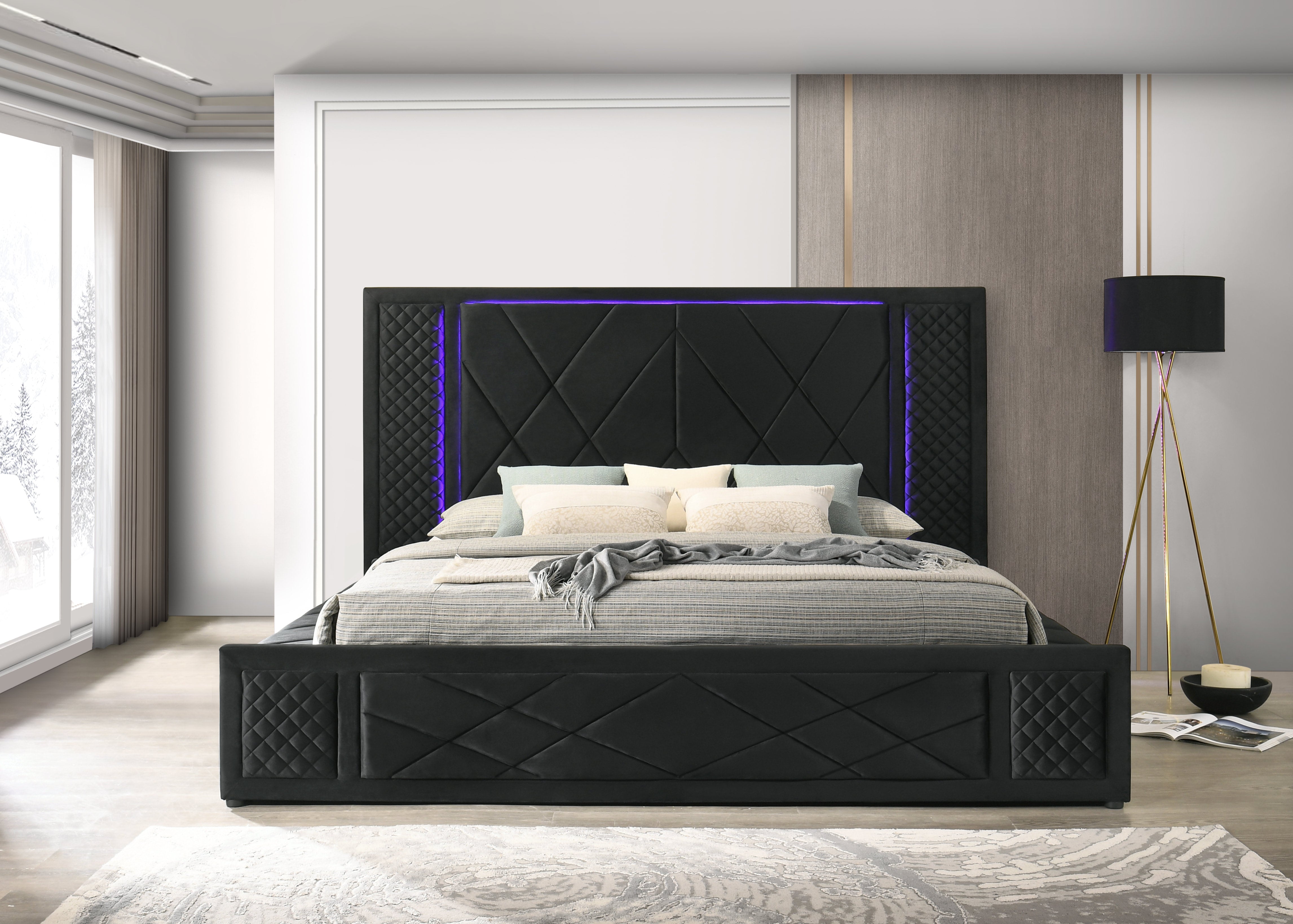 Lorenzo Black Velvet Storage Bed with LED Lights and Bluetooth