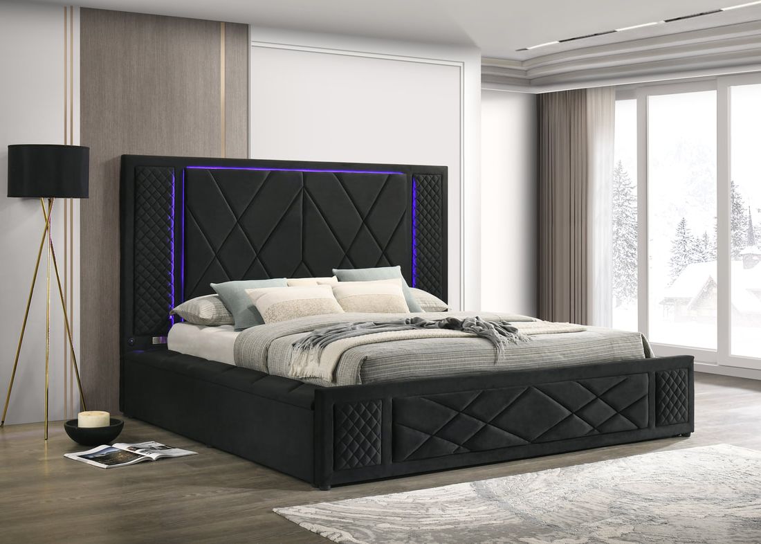 Lorenzo Black Velvet Storage Bed with LED Lights and Bluetooth, view 5