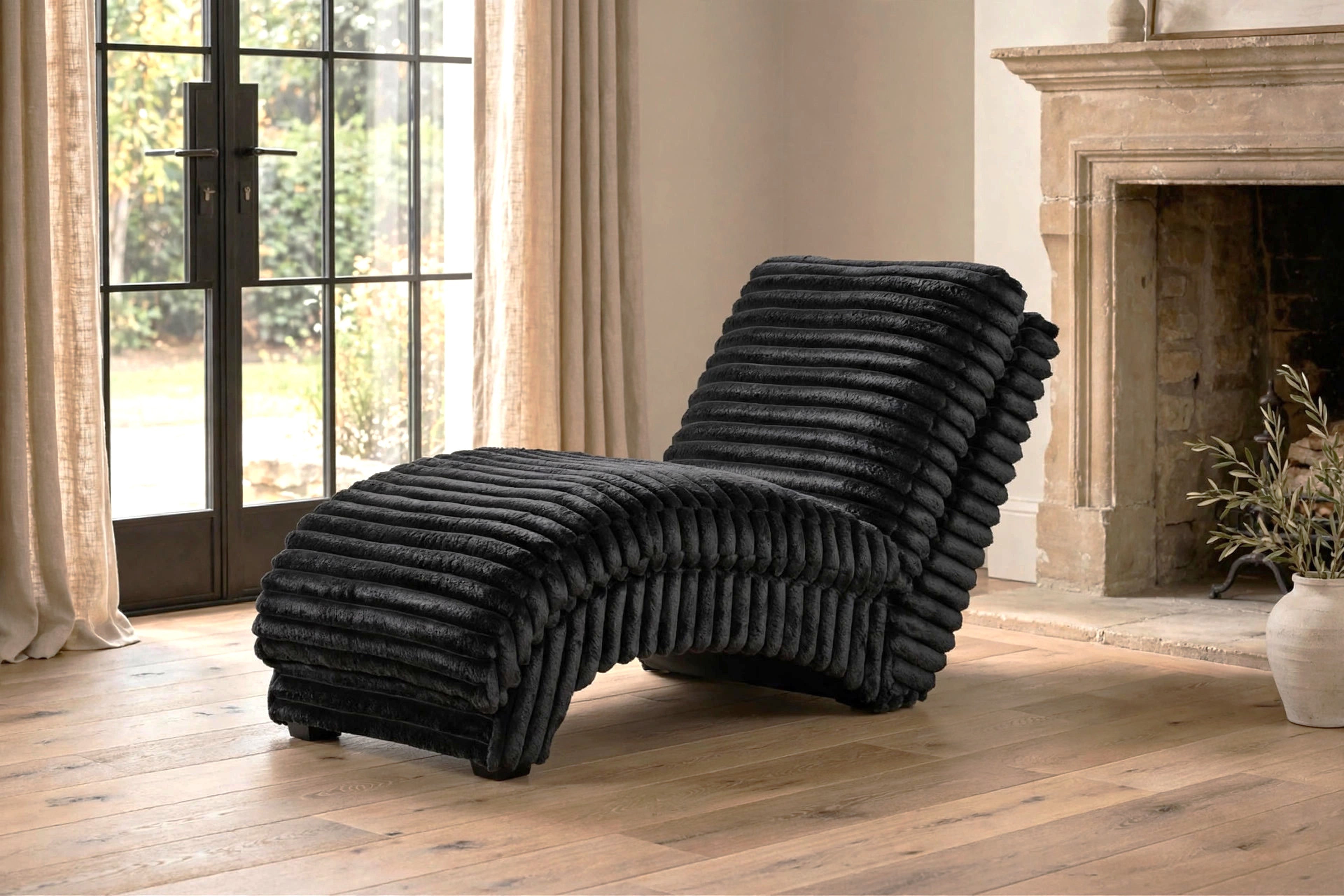 Black Plush Wave Chaise Lounge with USB-C Charging, view 2