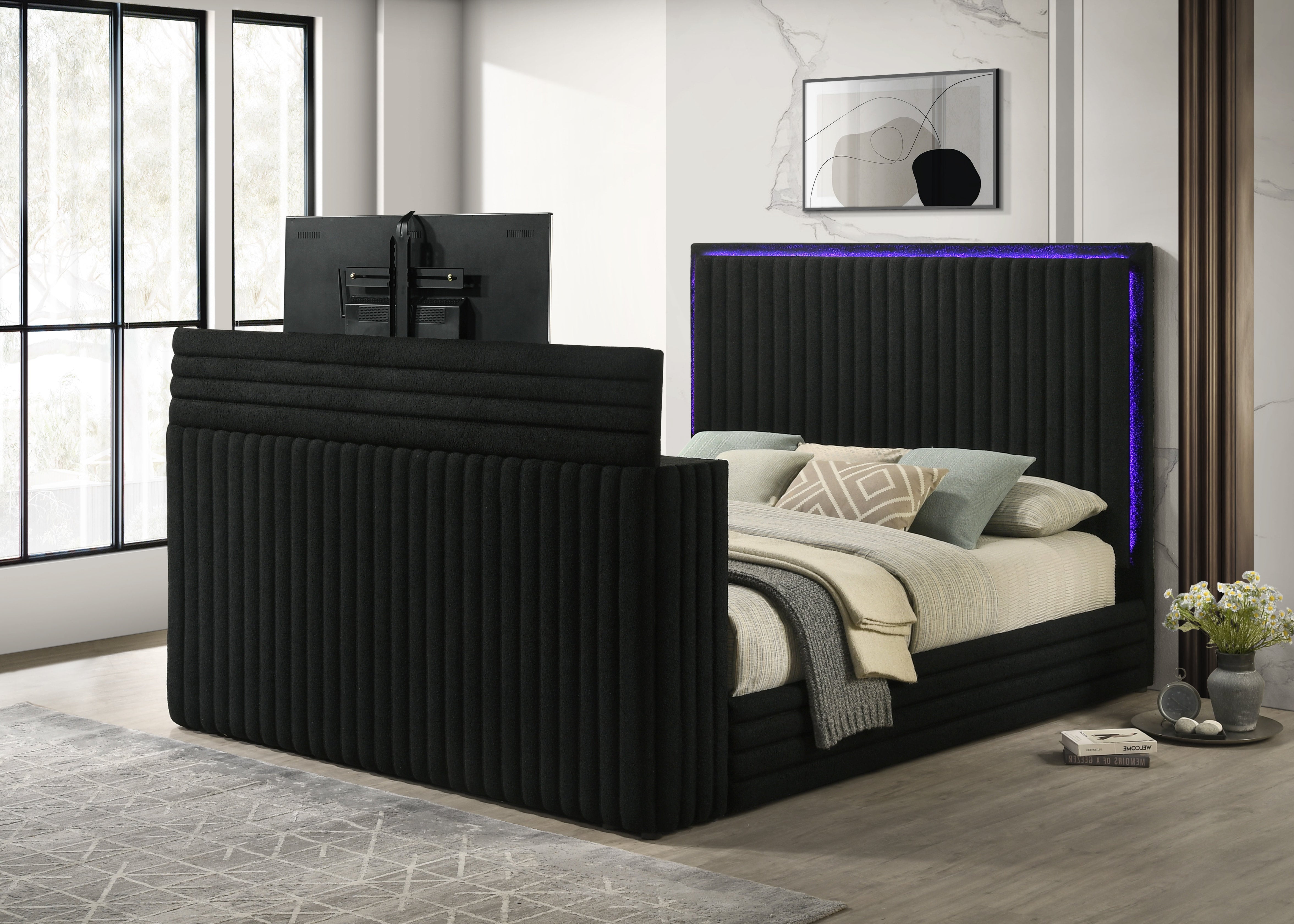 Villa Black Platform Bed with Fireplace and TV Stand