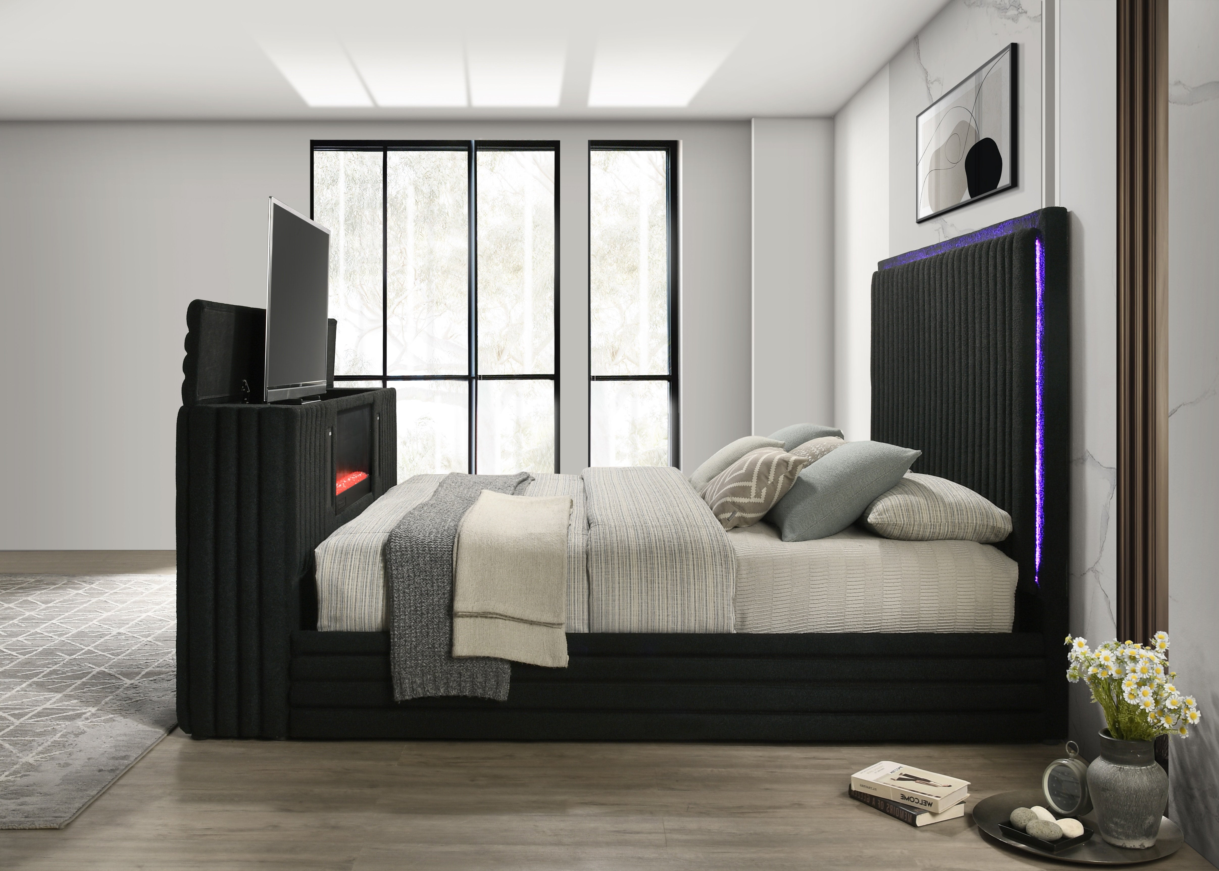 Villa Black Platform Bed with Fireplace and TV Stand, view 2