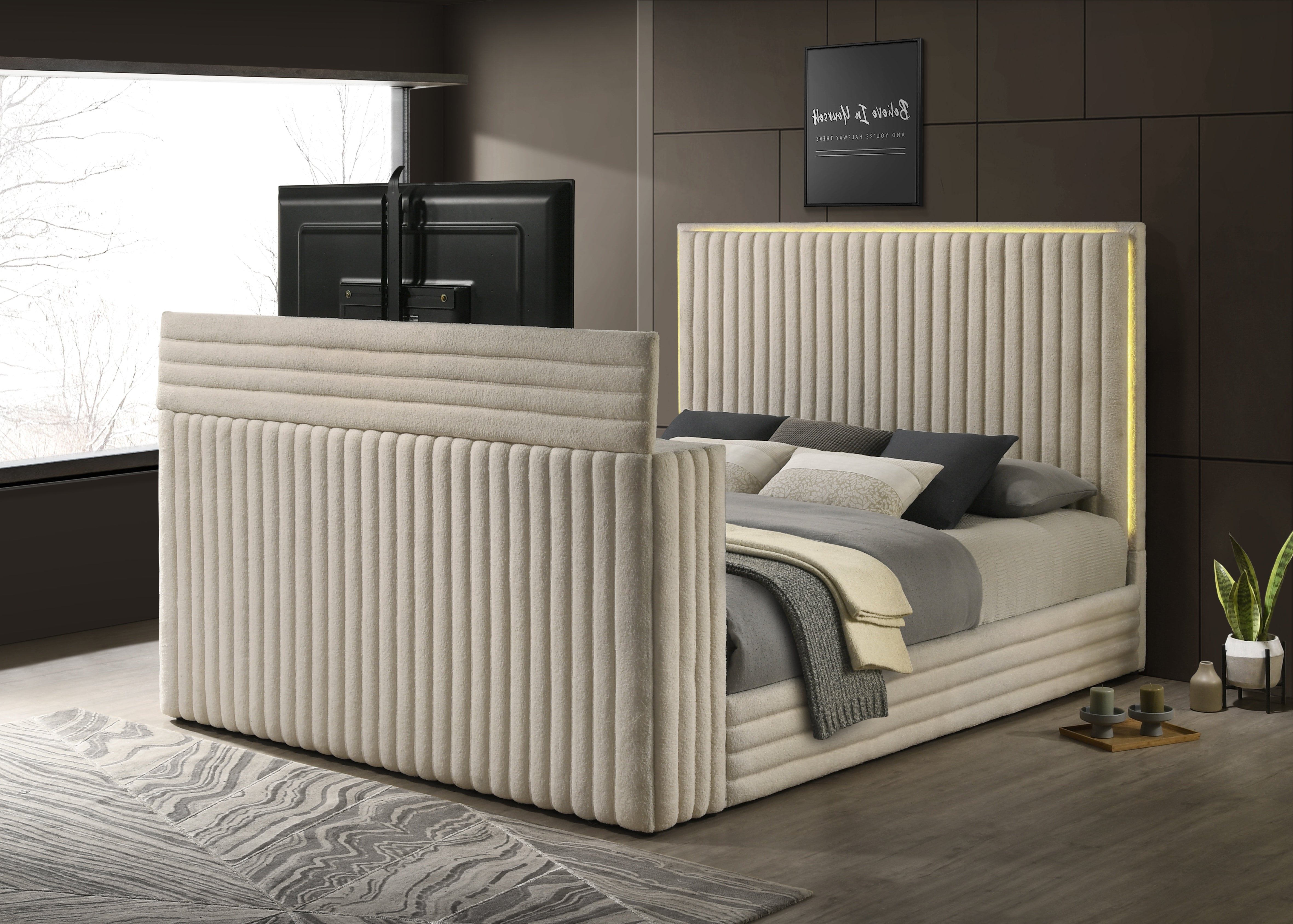 Villa White Platform Bed with Fireplace and TV Stand