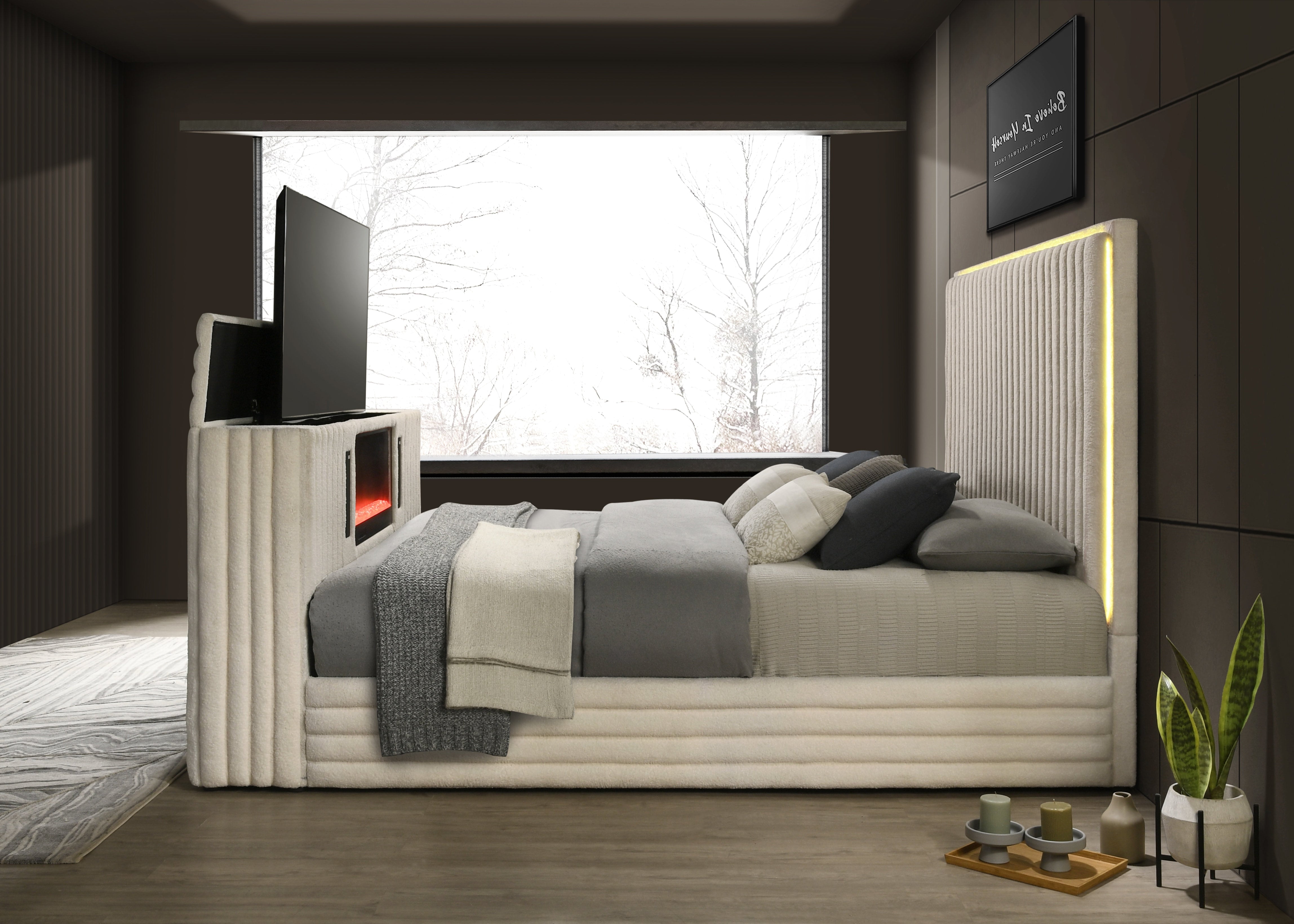 Villa White Platform Bed with Fireplace and TV Stand, view 3