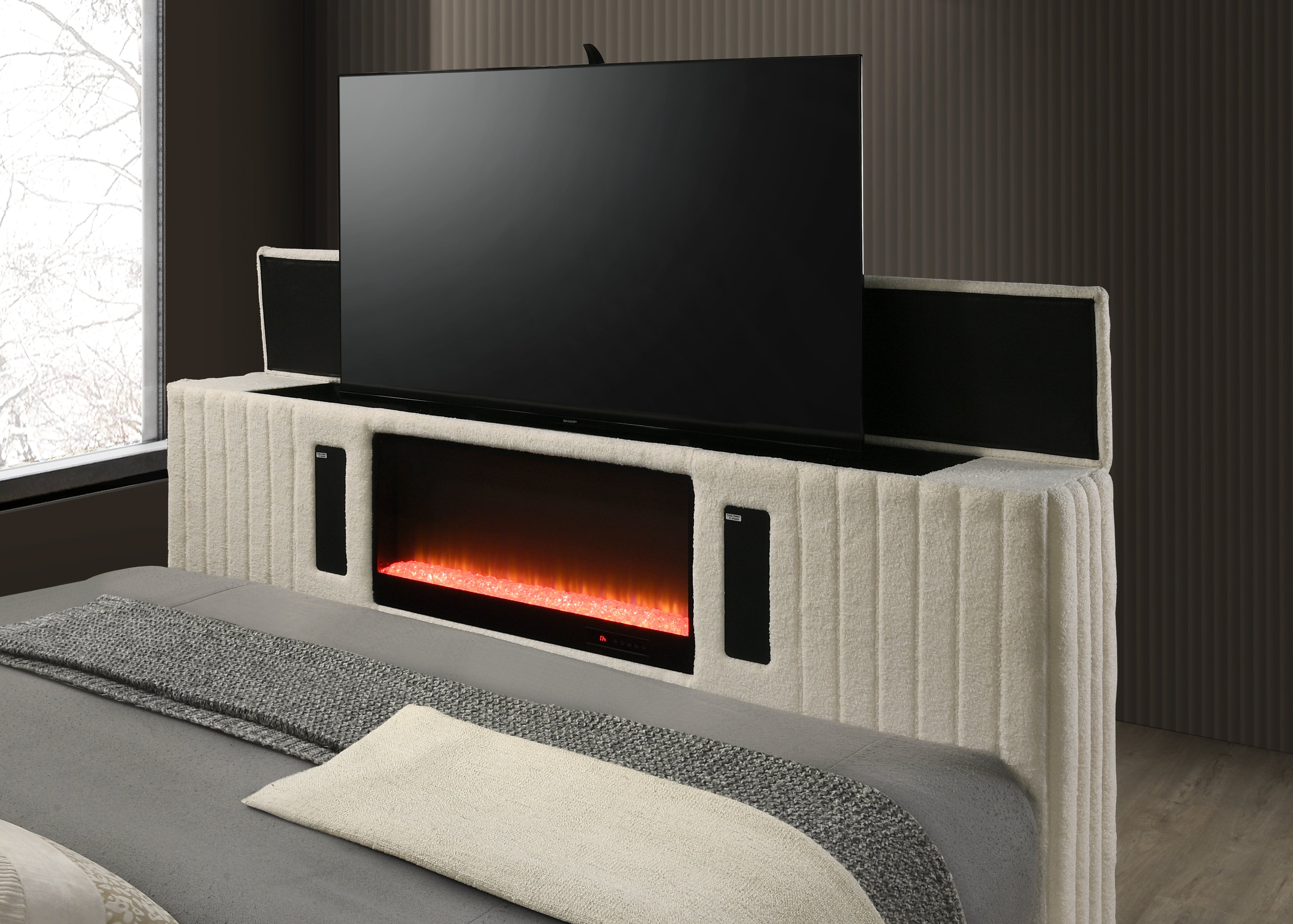 Villa White Platform Bed with Fireplace and TV Stand, view 4