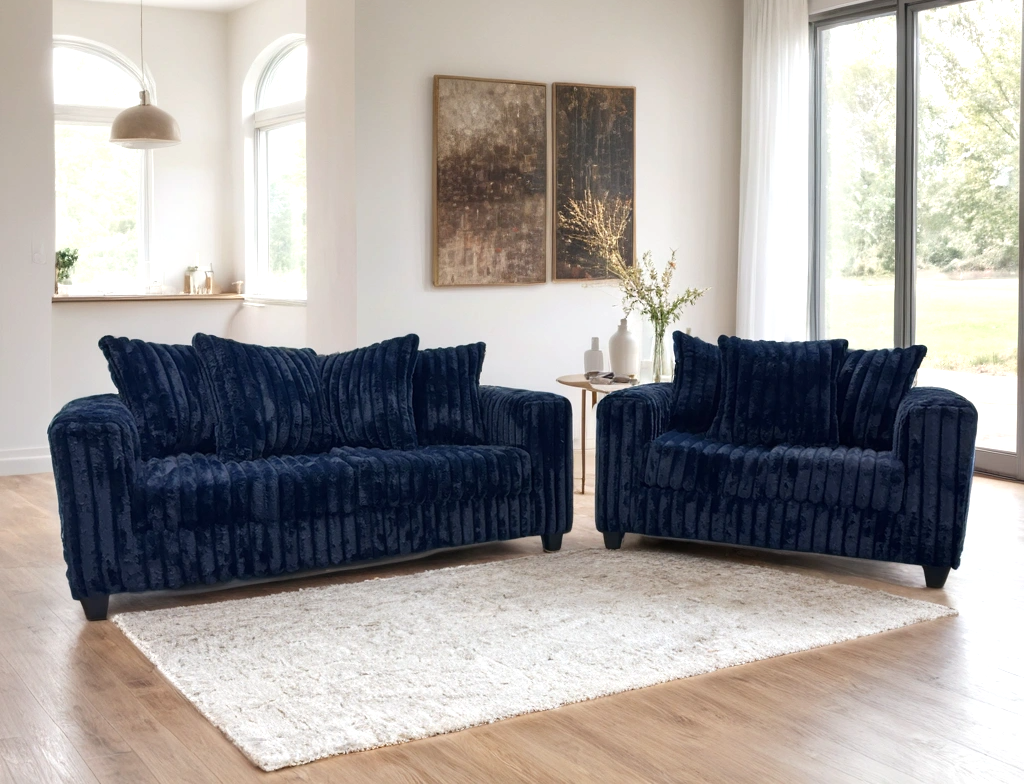 Navy Channel Plush Sofa & Loveseat Set