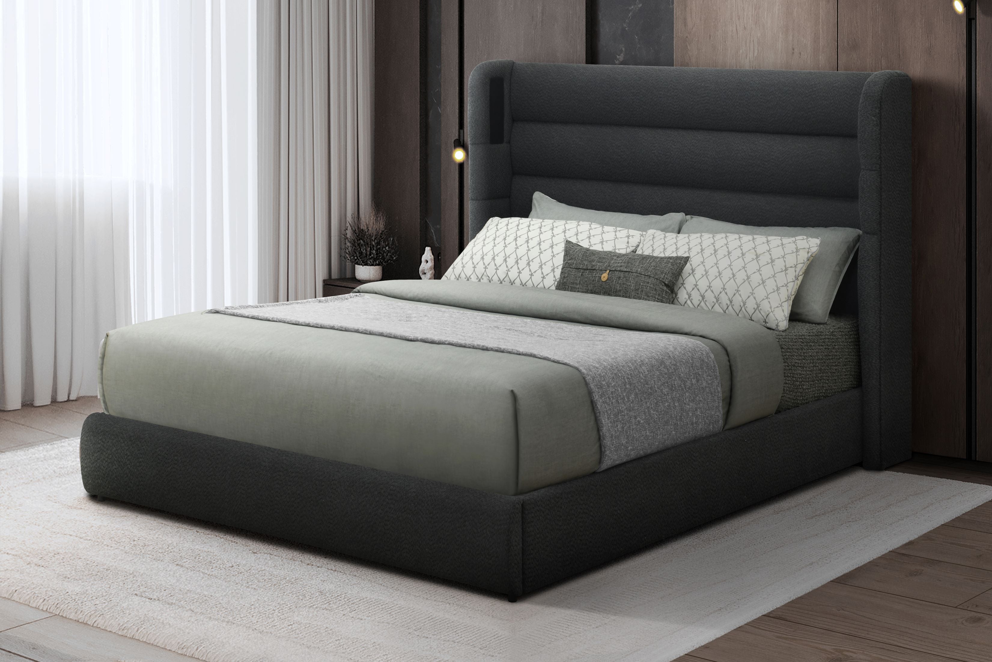 Hero Black Boucle Platform Bed with Bluetooth Speakers