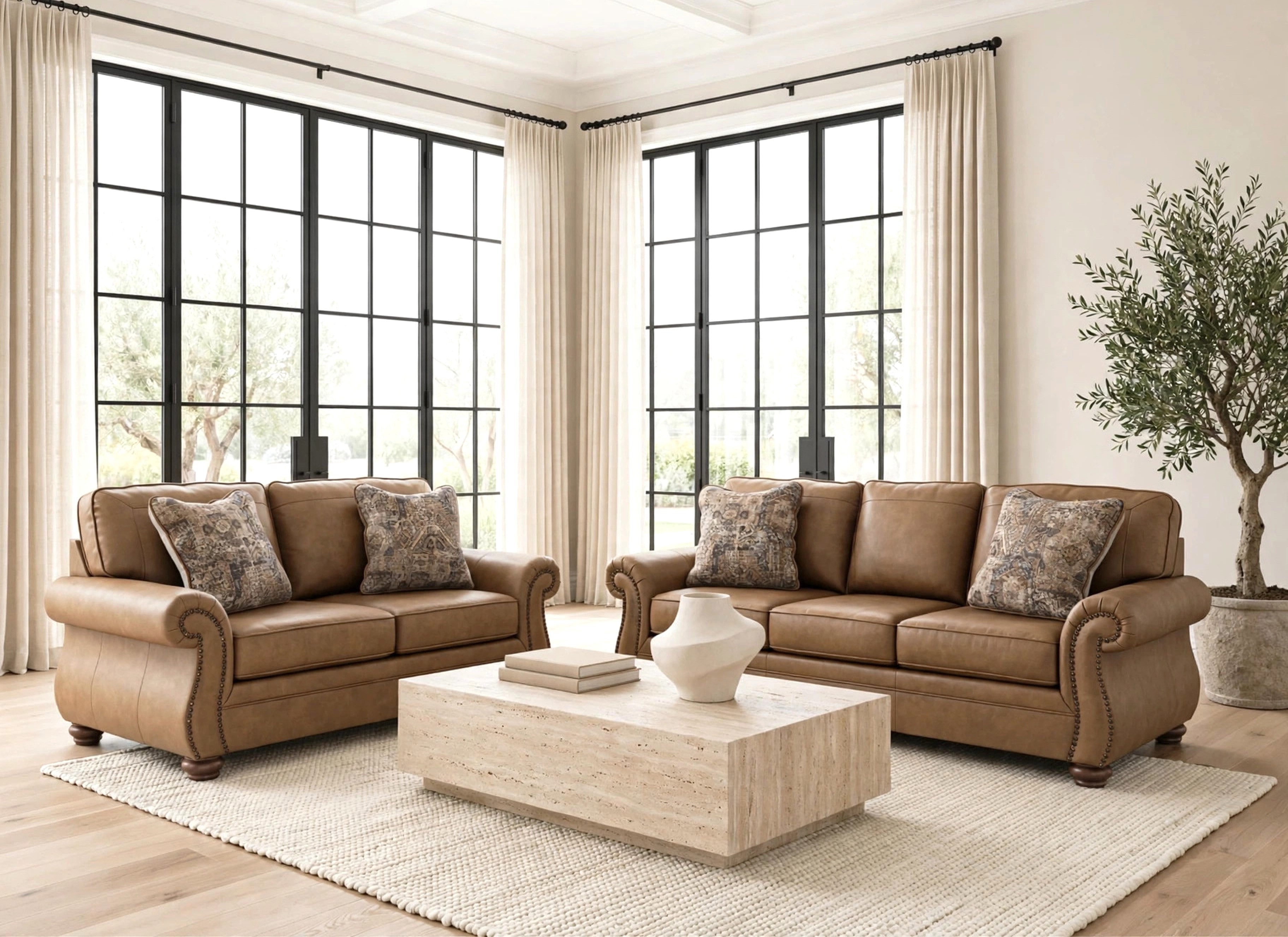 Ashley Earth Rolled-Arm Sofa & Loveseat Set, view 3