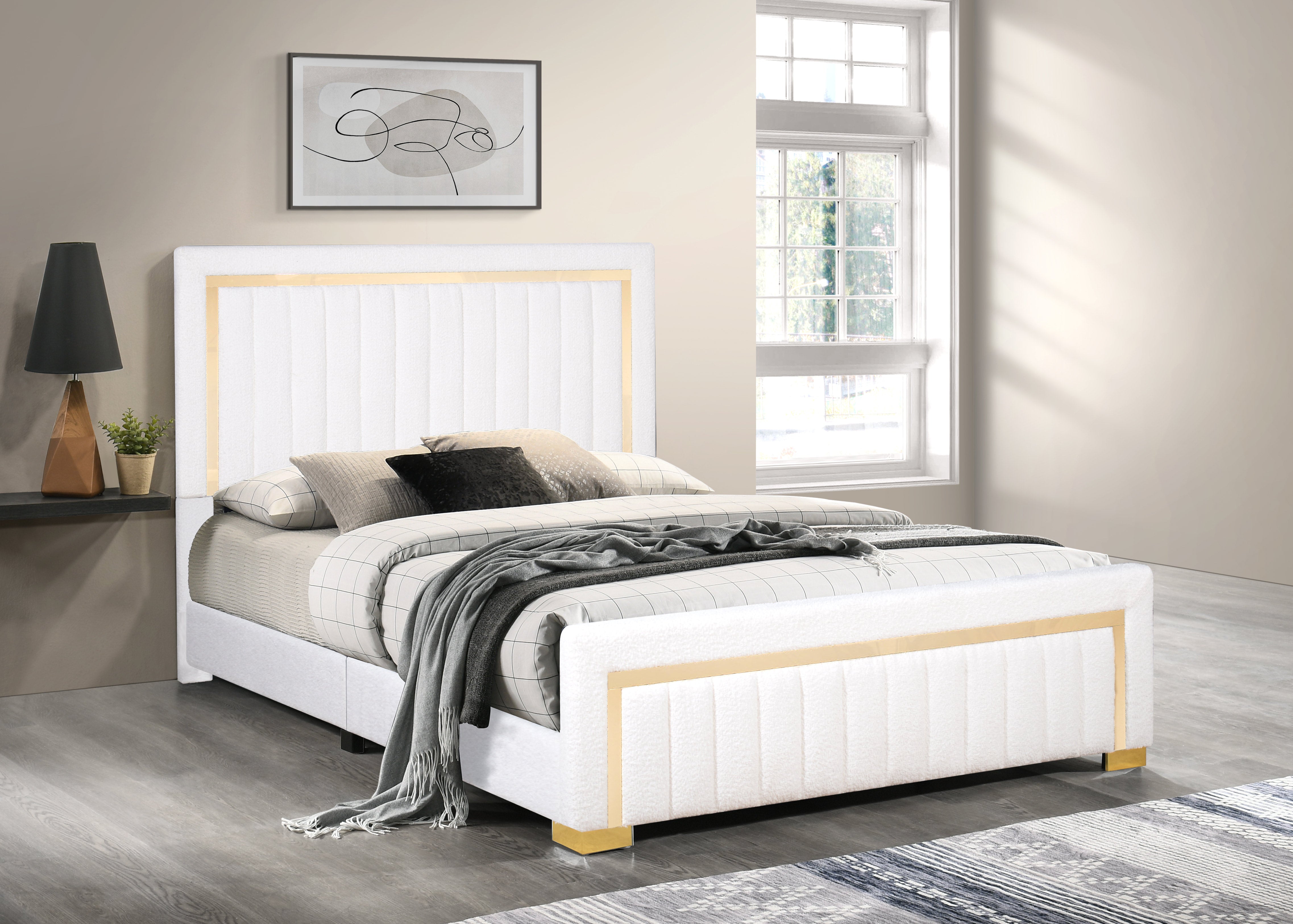 Off-White Boucle Platform Bed