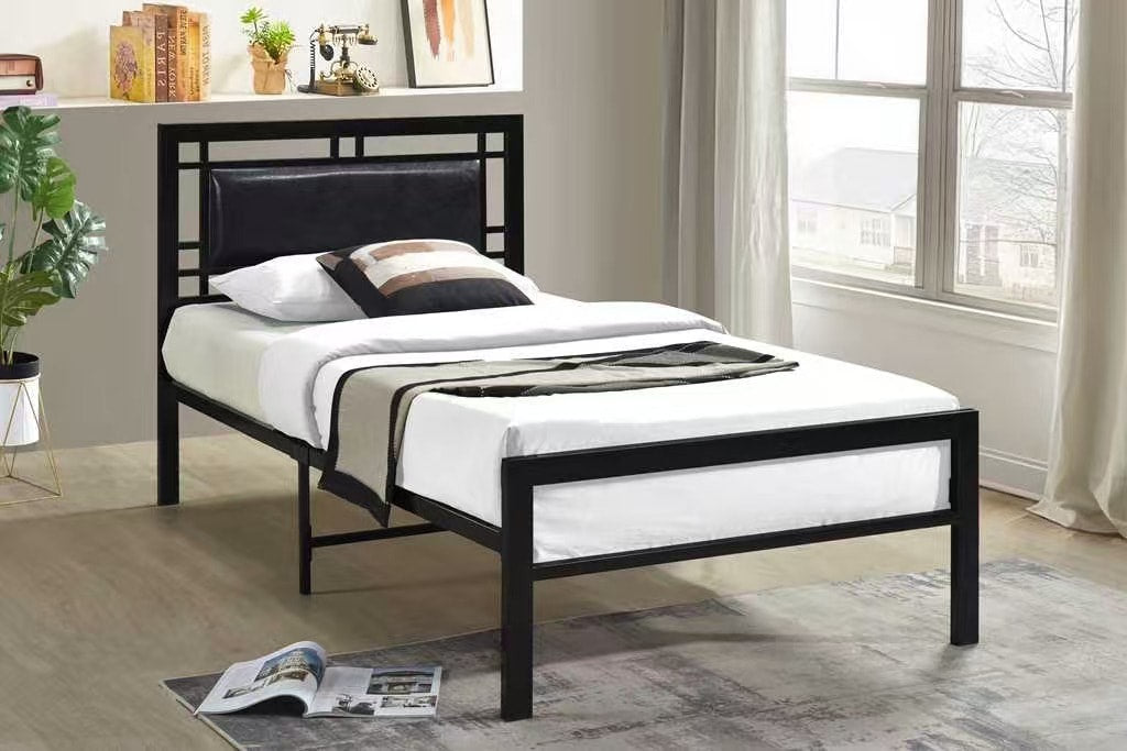Black Metal Twin Platform Bed with Padded Headboard