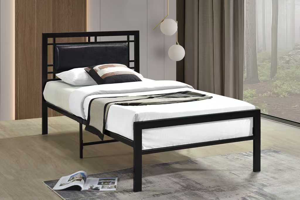 Black Metal Twin Platform Bed with Padded Headboard, view 3
