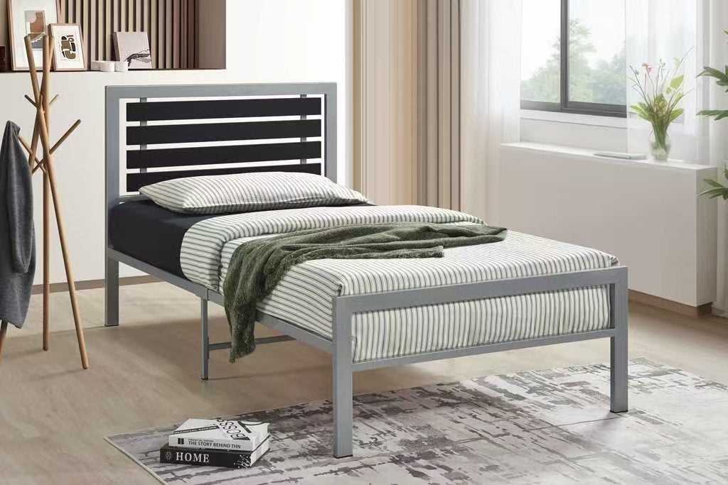 Silver Metal Twin Platform Bed with Slat Headboard