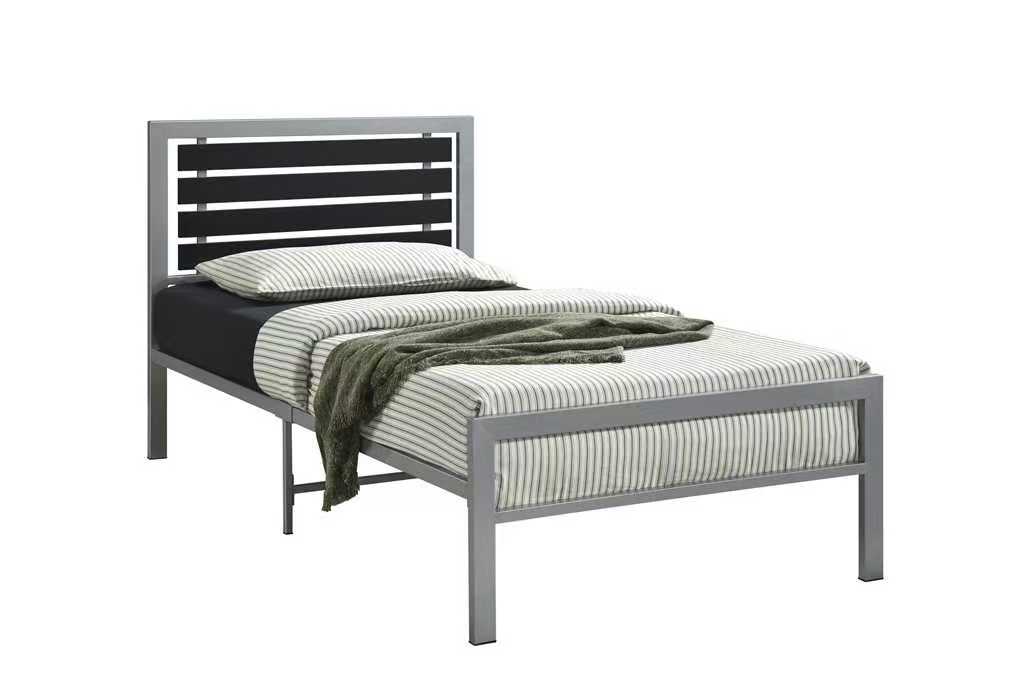 Silver Metal Twin Platform Bed with Slat Headboard, view 2