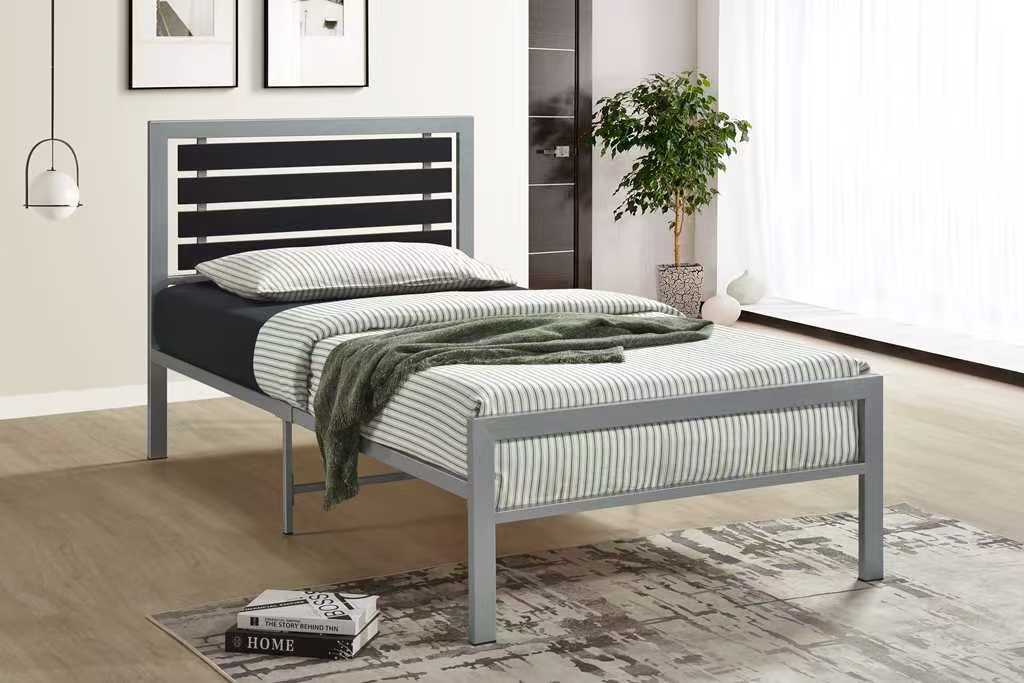 Silver Metal Twin Platform Bed with Slat Headboard, view 3