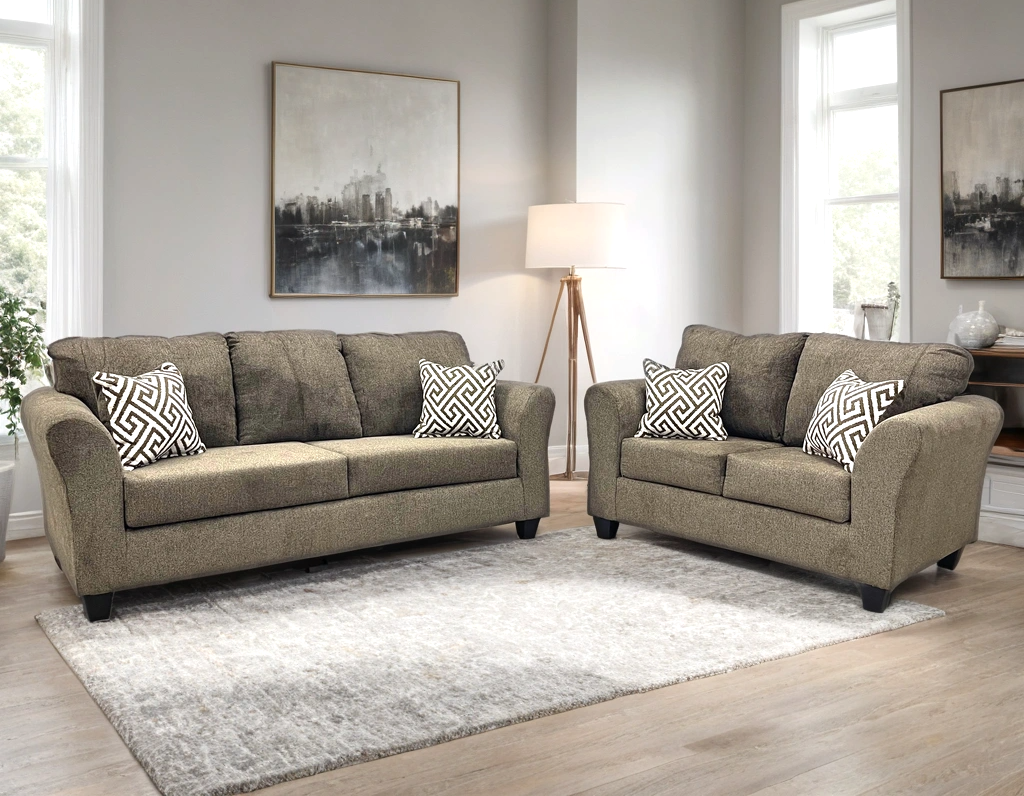 Brown Chenille Rolled-Arm Sofa & Loveseat Set