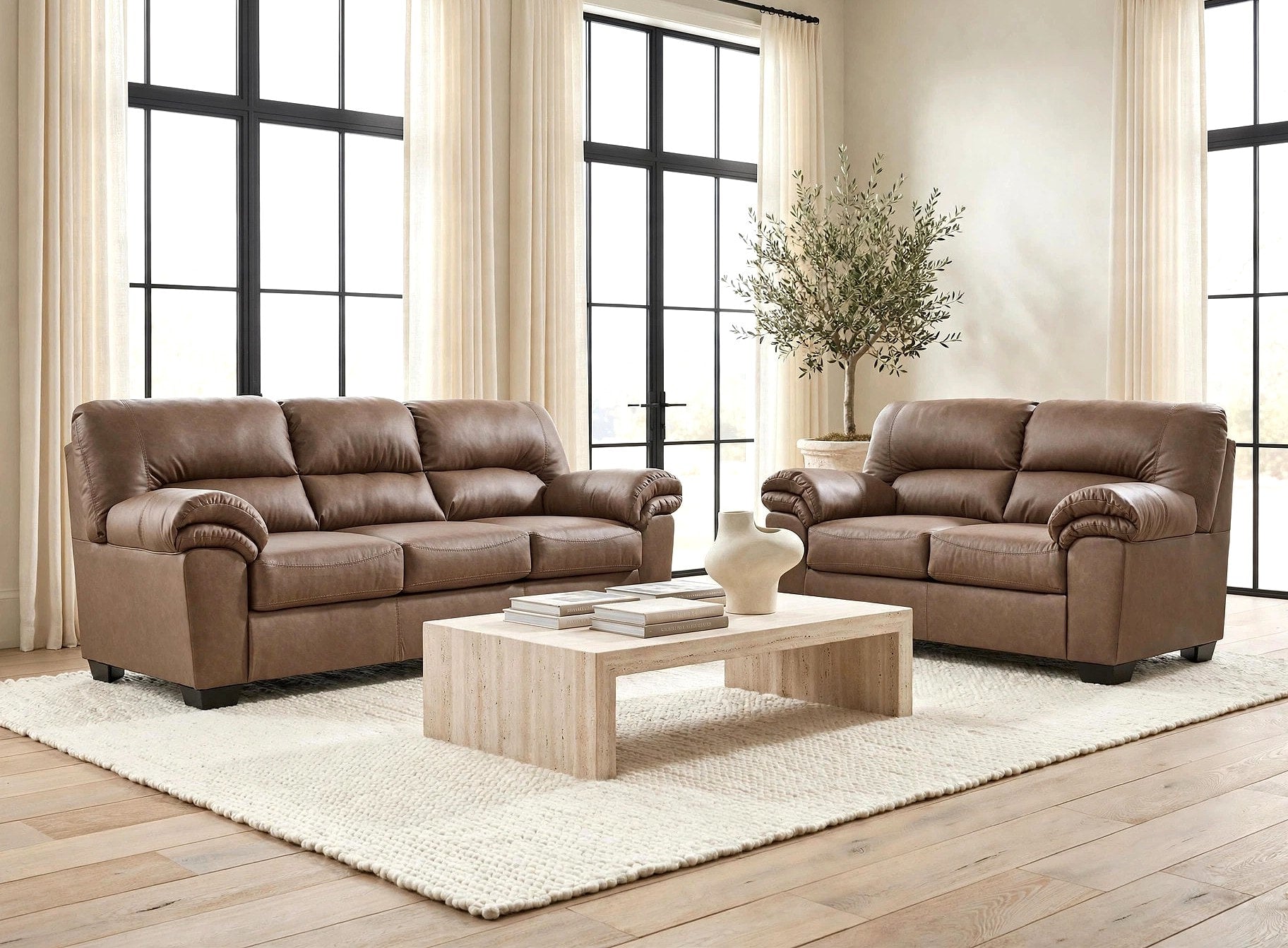 Ashley Caramel Faux Leather Sofa & Loveseat Set