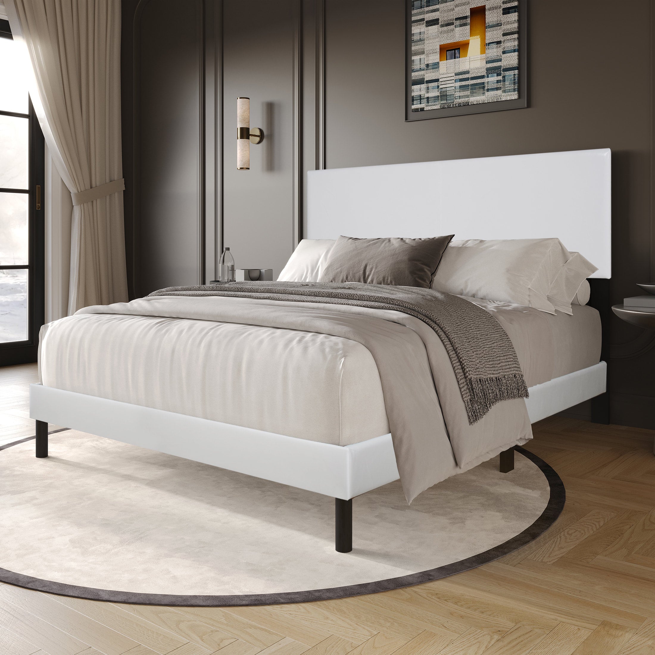 White Faux Leather Platform Bed