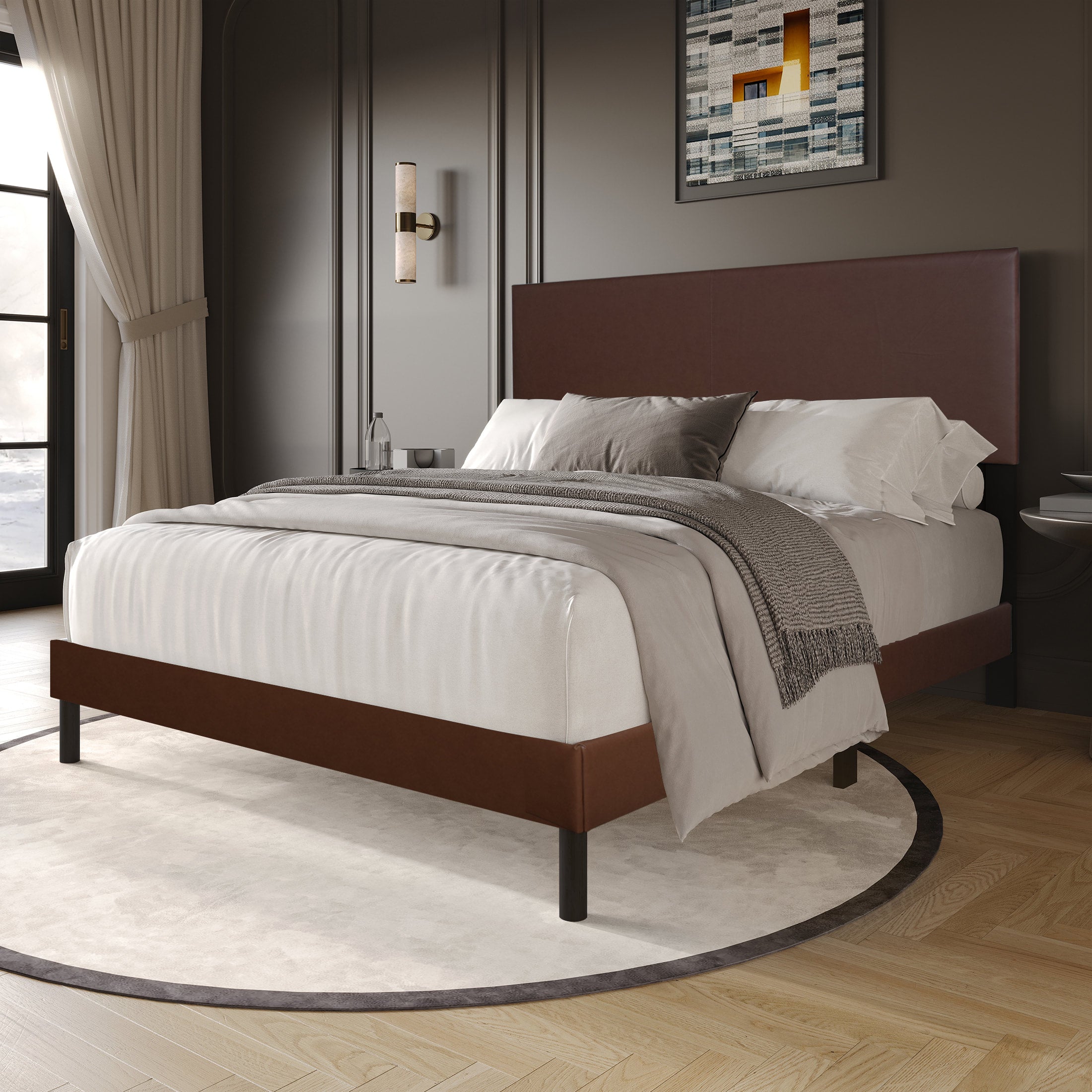 Brown Faux Leather Platform Bed, view 4