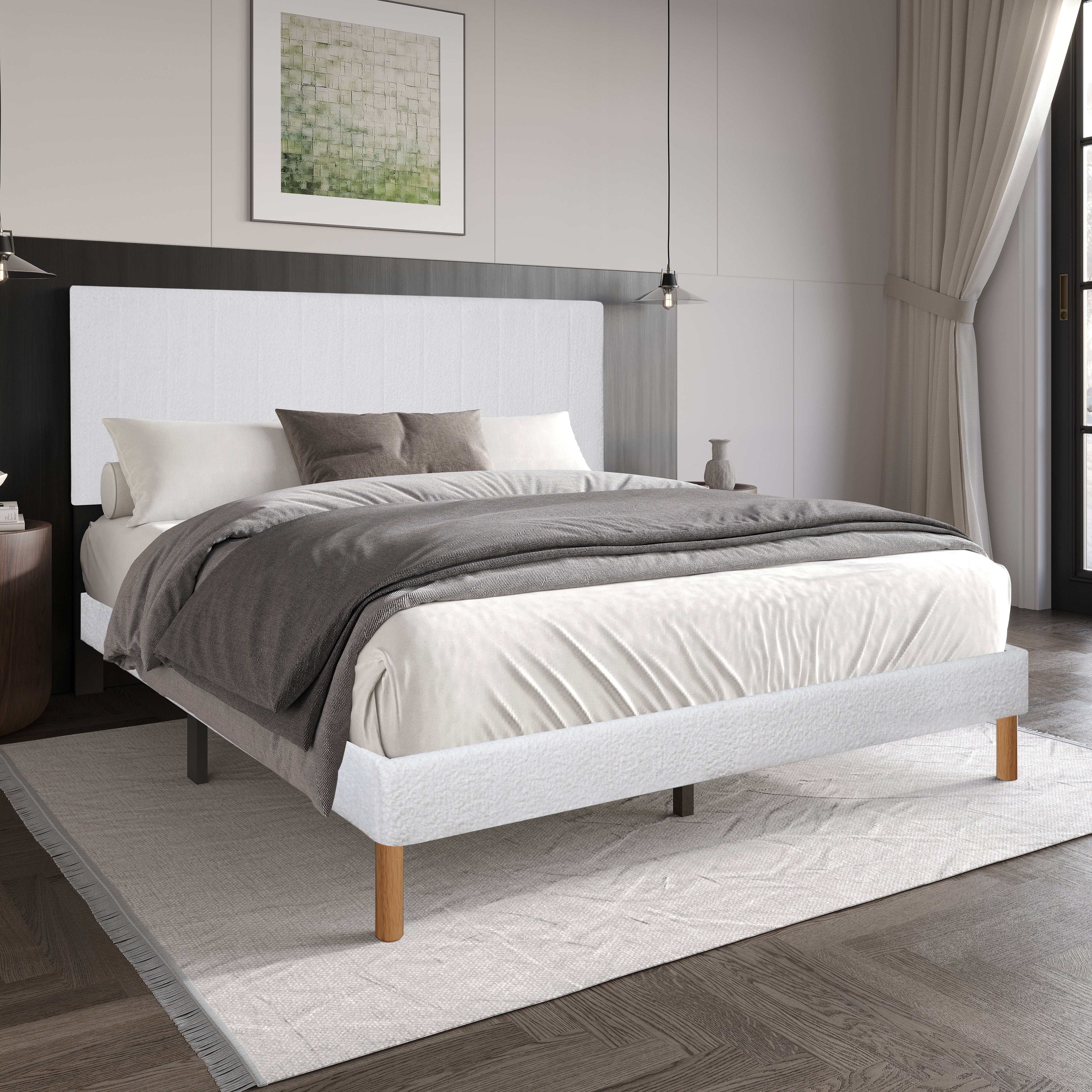 White Upholstered Panel Platform Bed