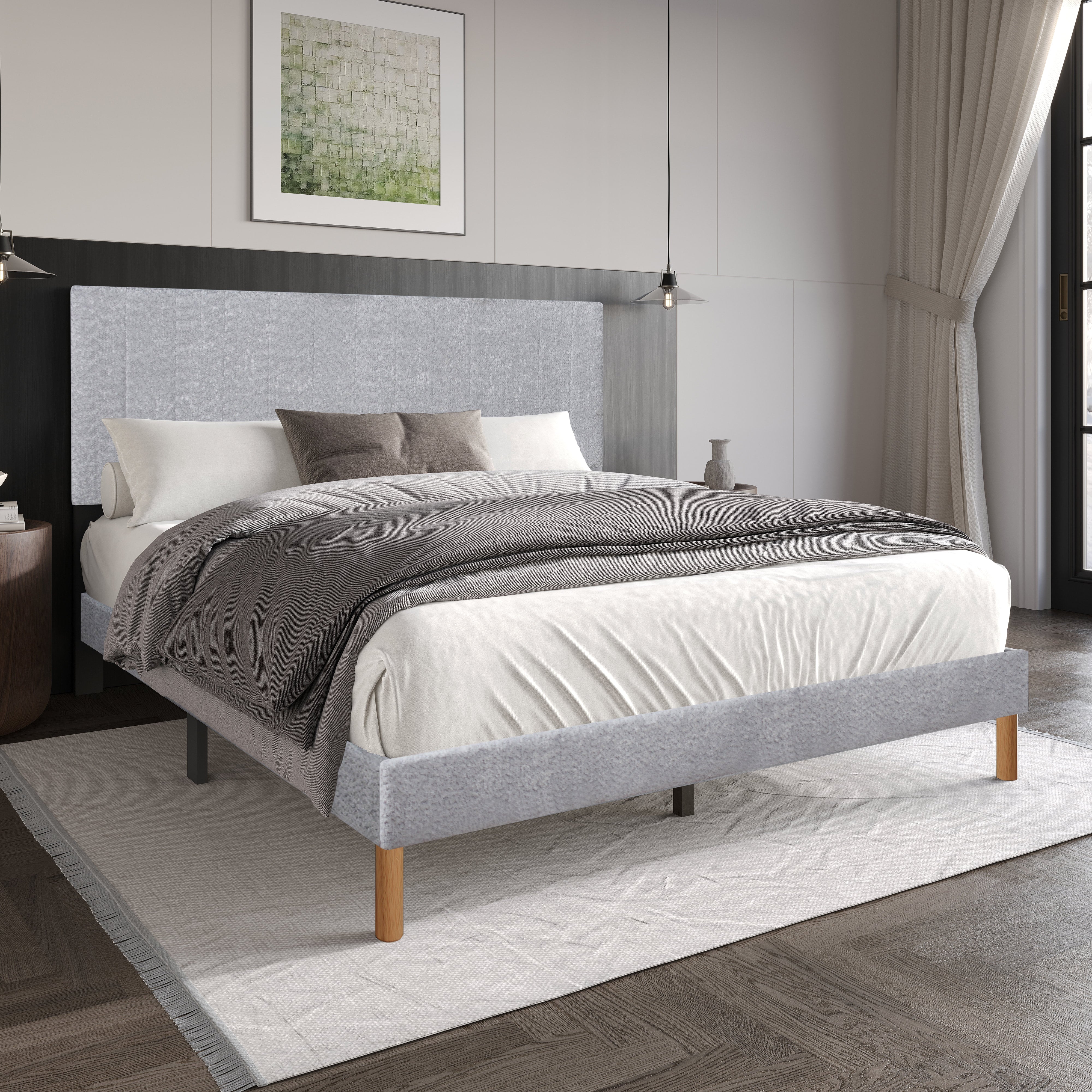 Light Gray Upholstered Panel Platform Bed