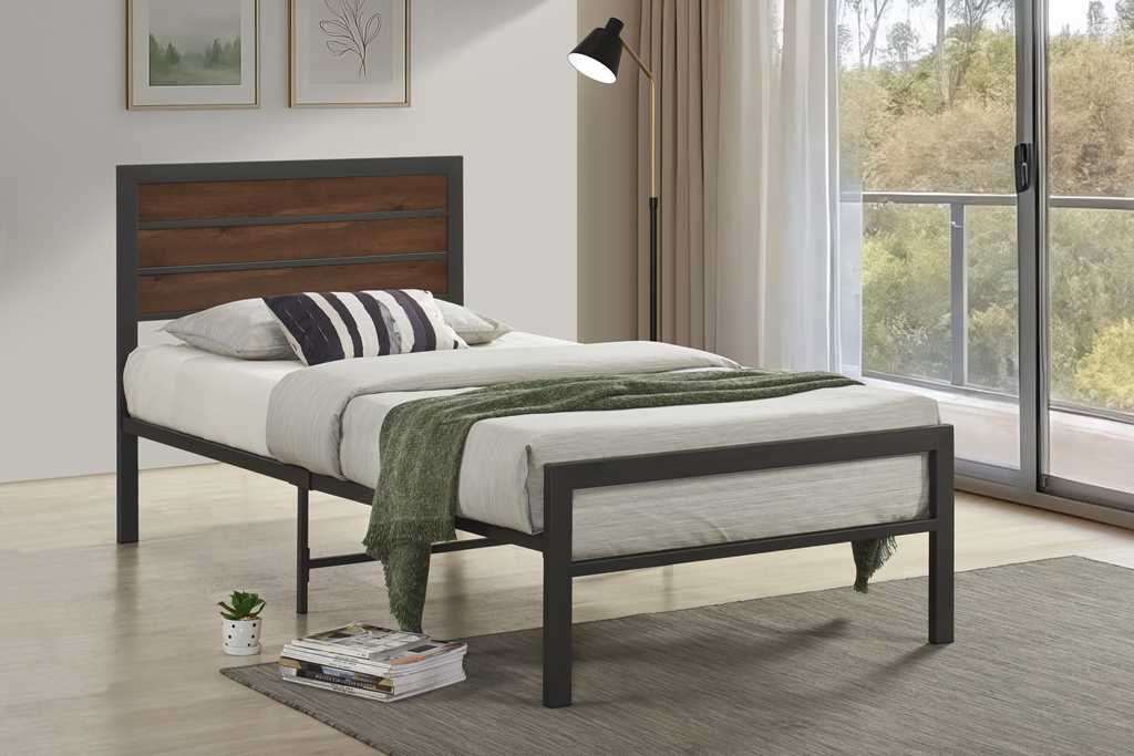 Gray Metal Twin Platform Bed with Wood Panel Headboard