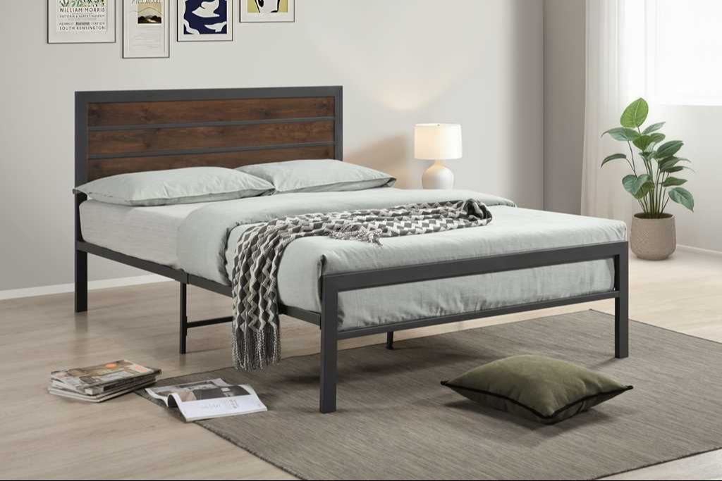 Gray Metal Full Platform Bed with Wood Panel Headboard