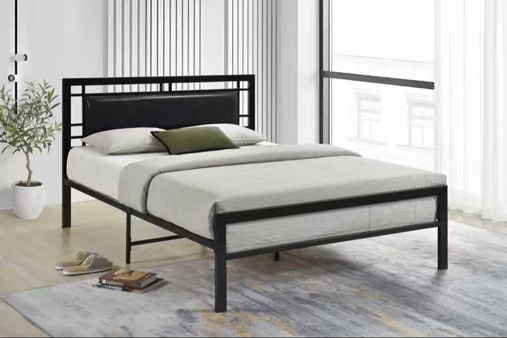 Black Metal Full Platform Bed with Padded Headboard