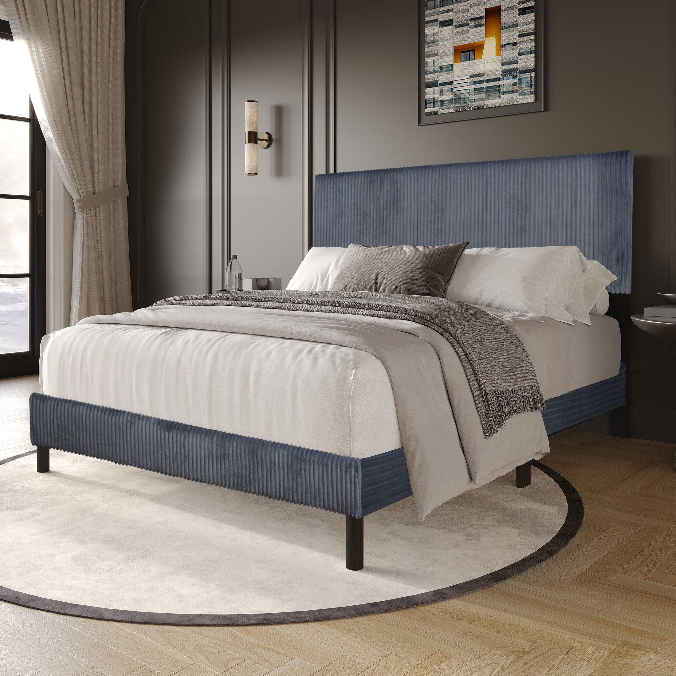 Gray Corduroy Full Platform Bed