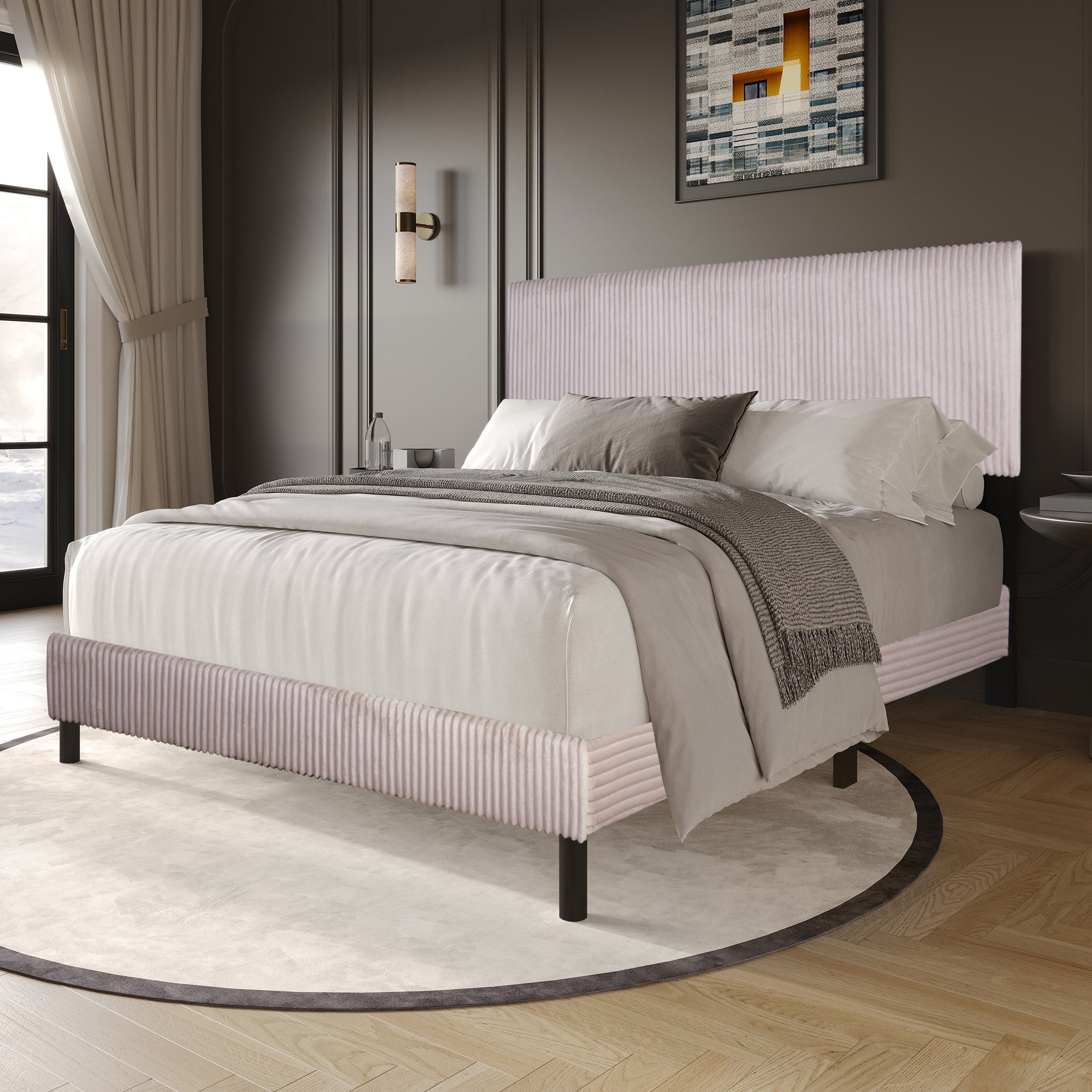Beige Corduroy Platform Bed