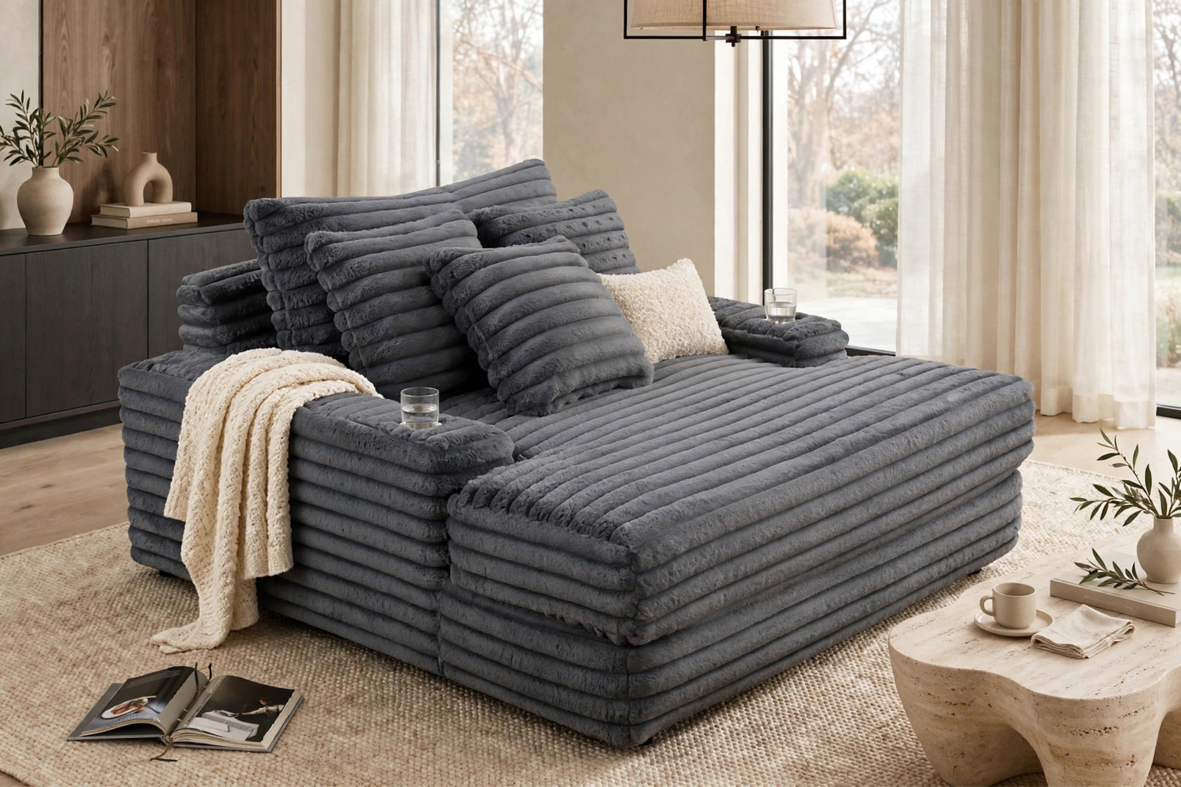 Charcoal Plush Chaise Lounge with USB Charging, view 2