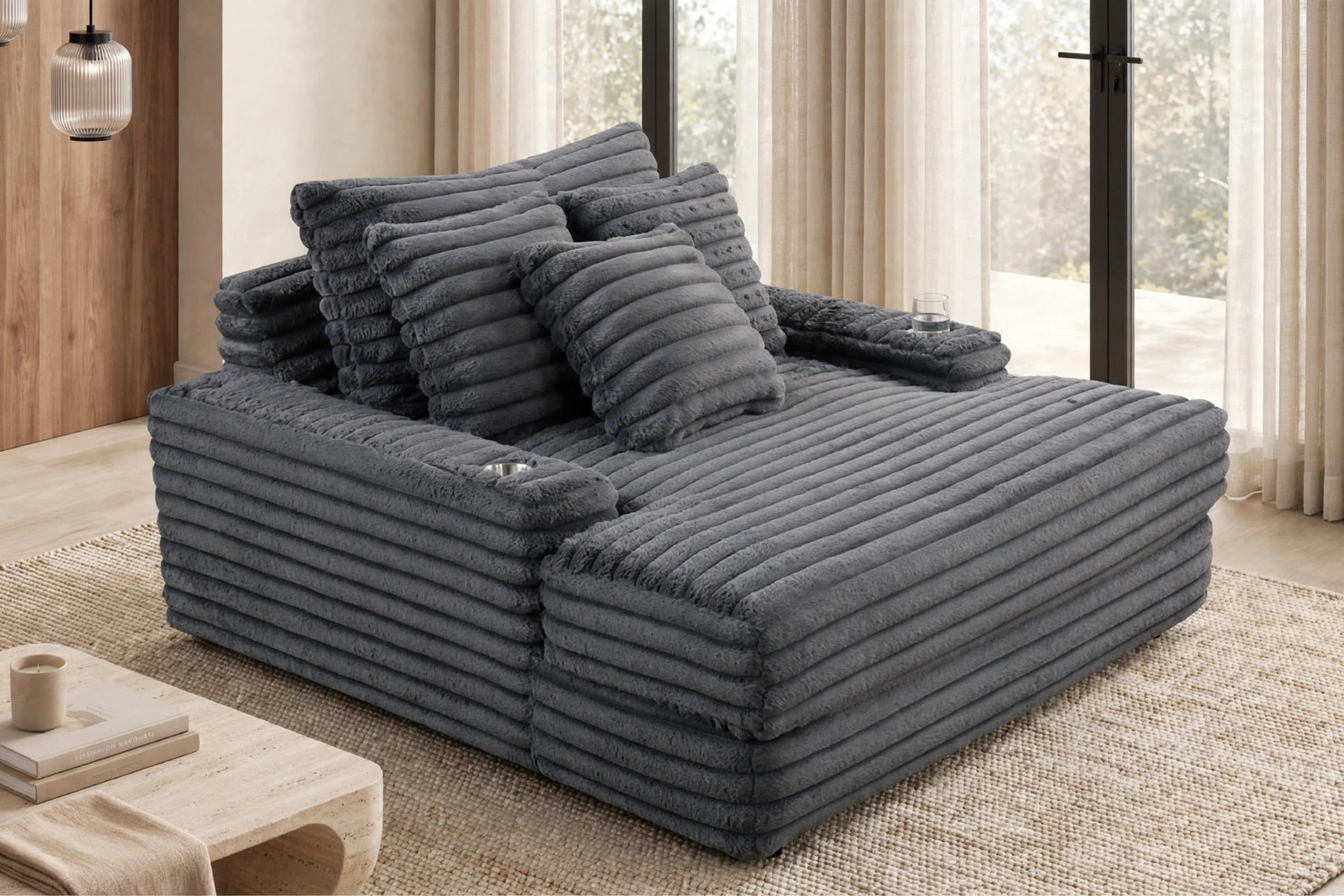 Charcoal Plush Chaise Lounge with USB Charging, view 3