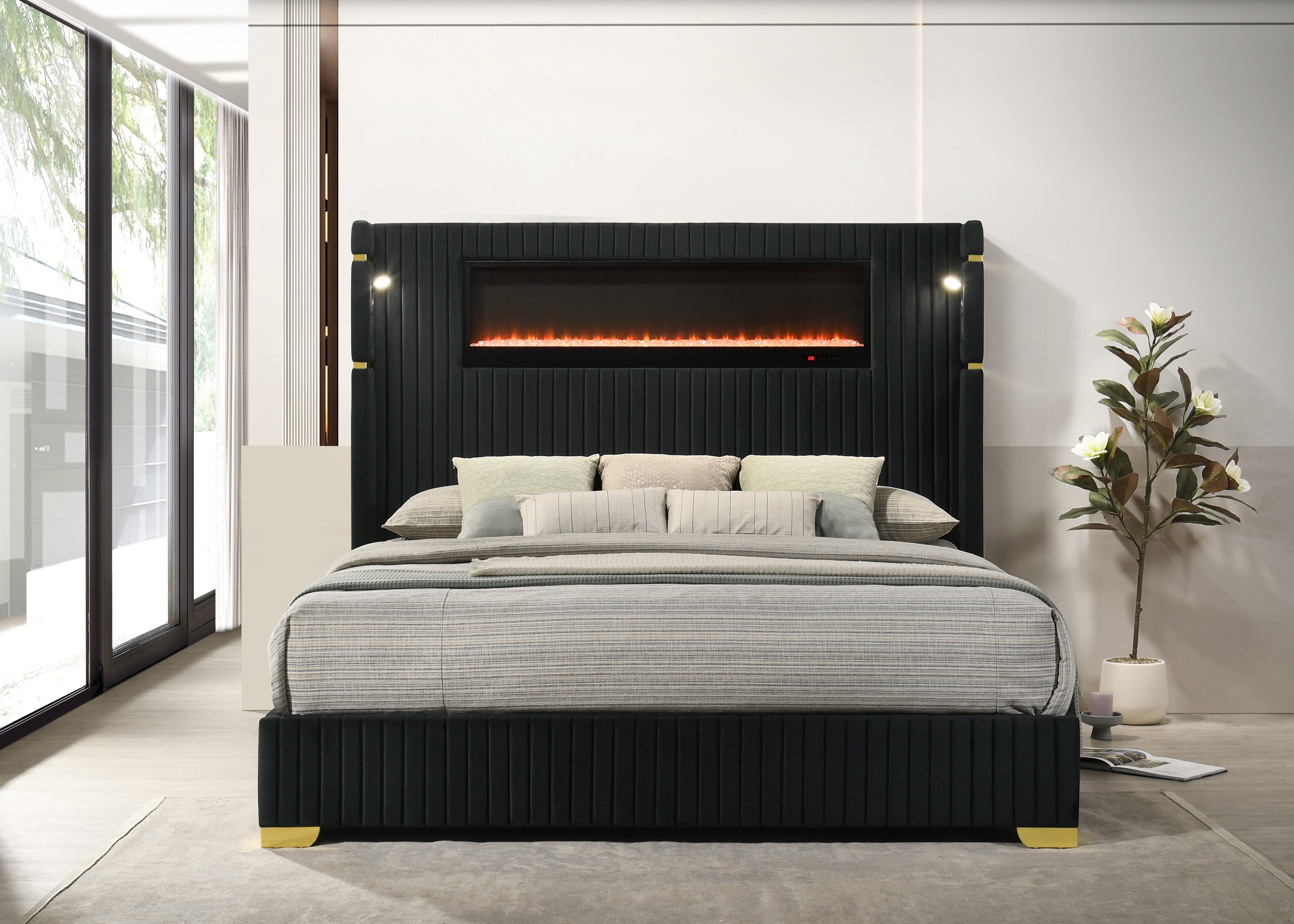 Romance Black Platform Bed with Fireplace Headboard