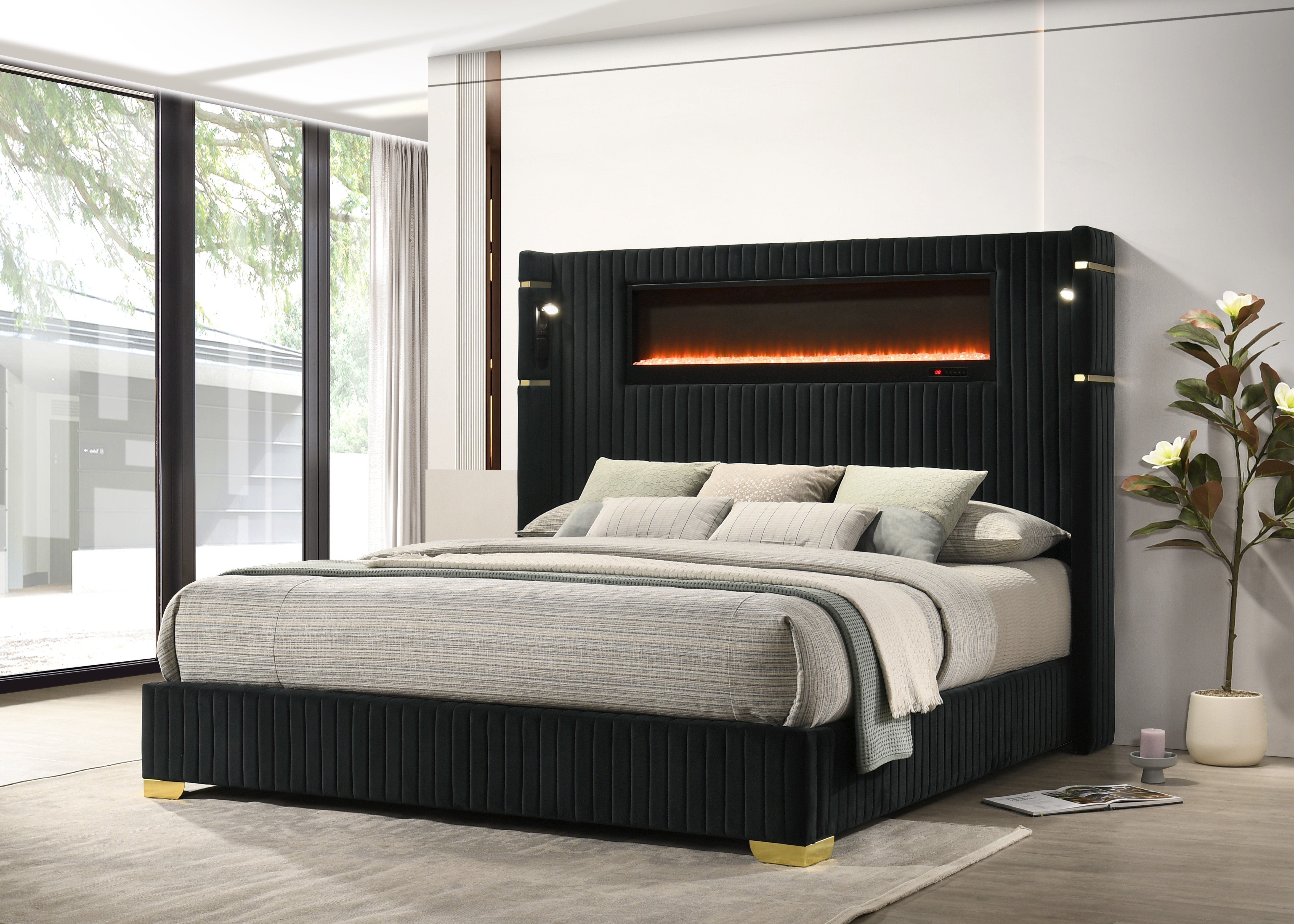 Romance Black Platform Bed with Fireplace Headboard, view 2