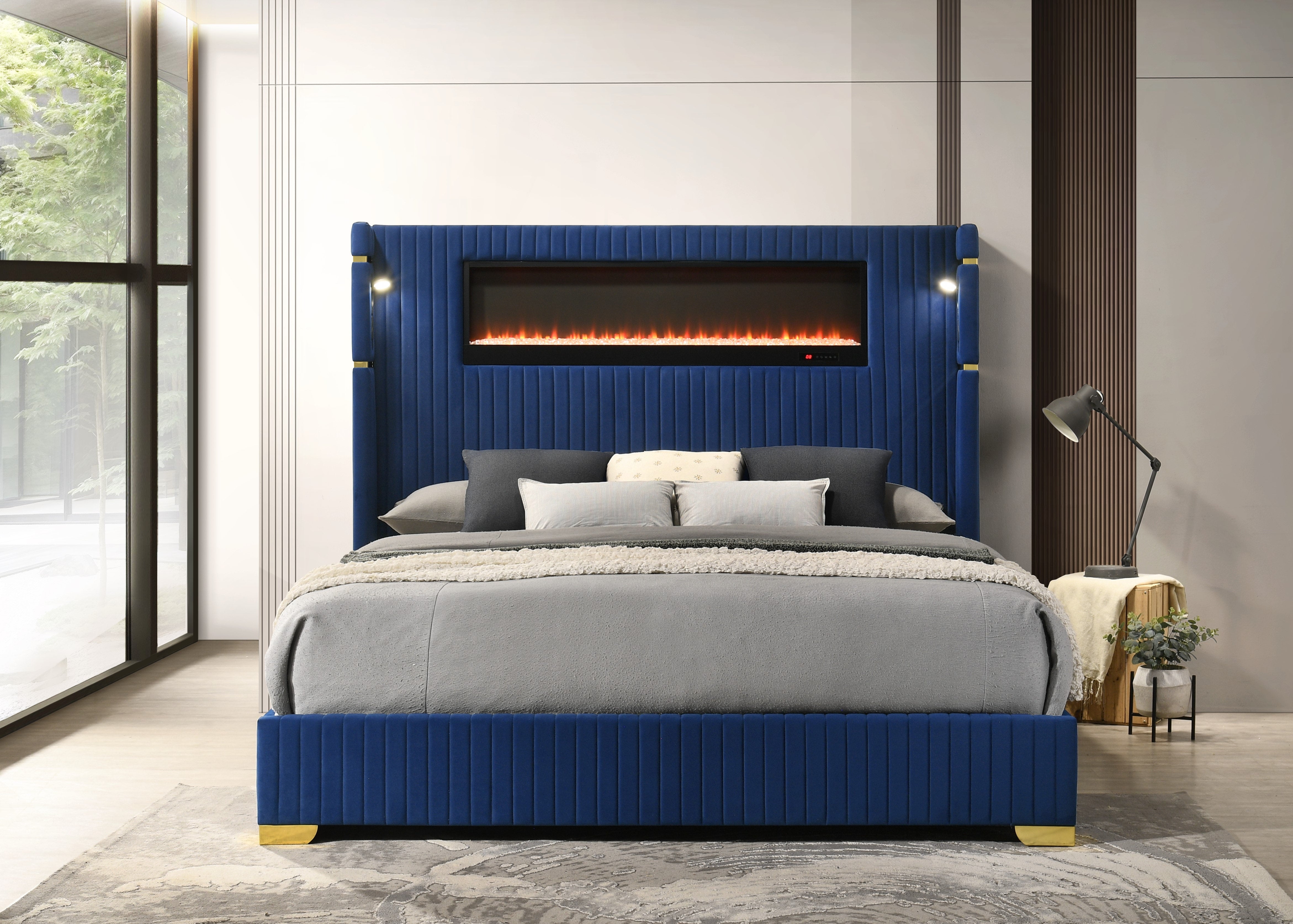 Romance Blue Platform Bed with Fireplace Headboard