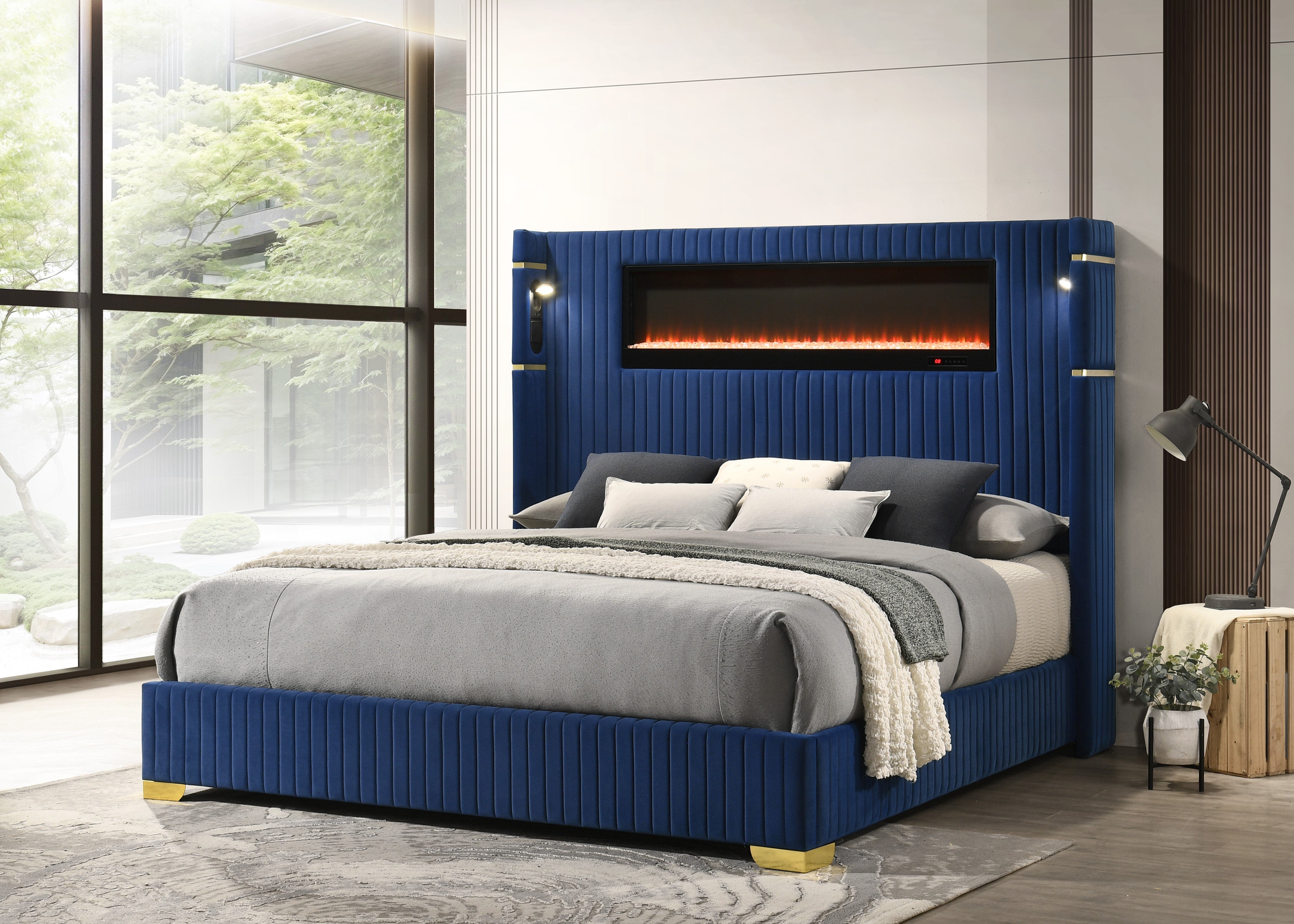 Romance Blue Platform Bed with Fireplace Headboard, view 2